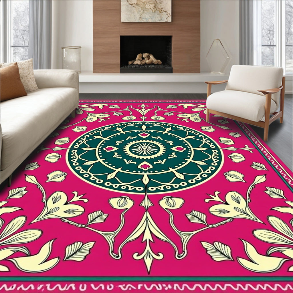 Vibrant Pink Floral Medallion Design Rug