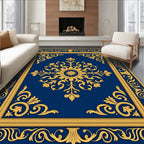 Ornate Floral Scrollwork Blue Gold Rug