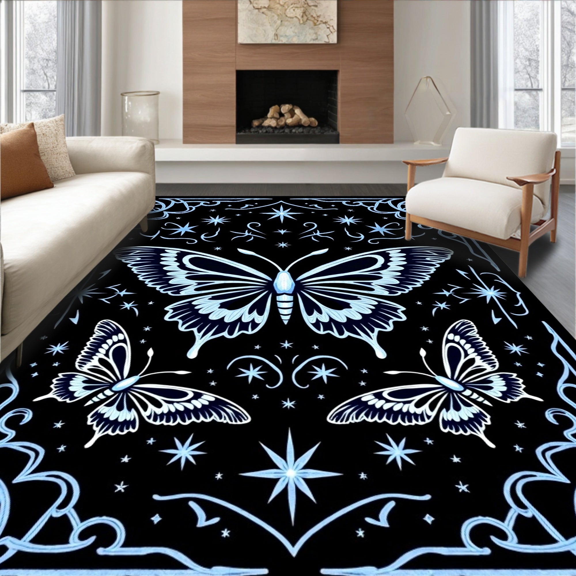Whimsical Blue Butterfly Night Sky Rug