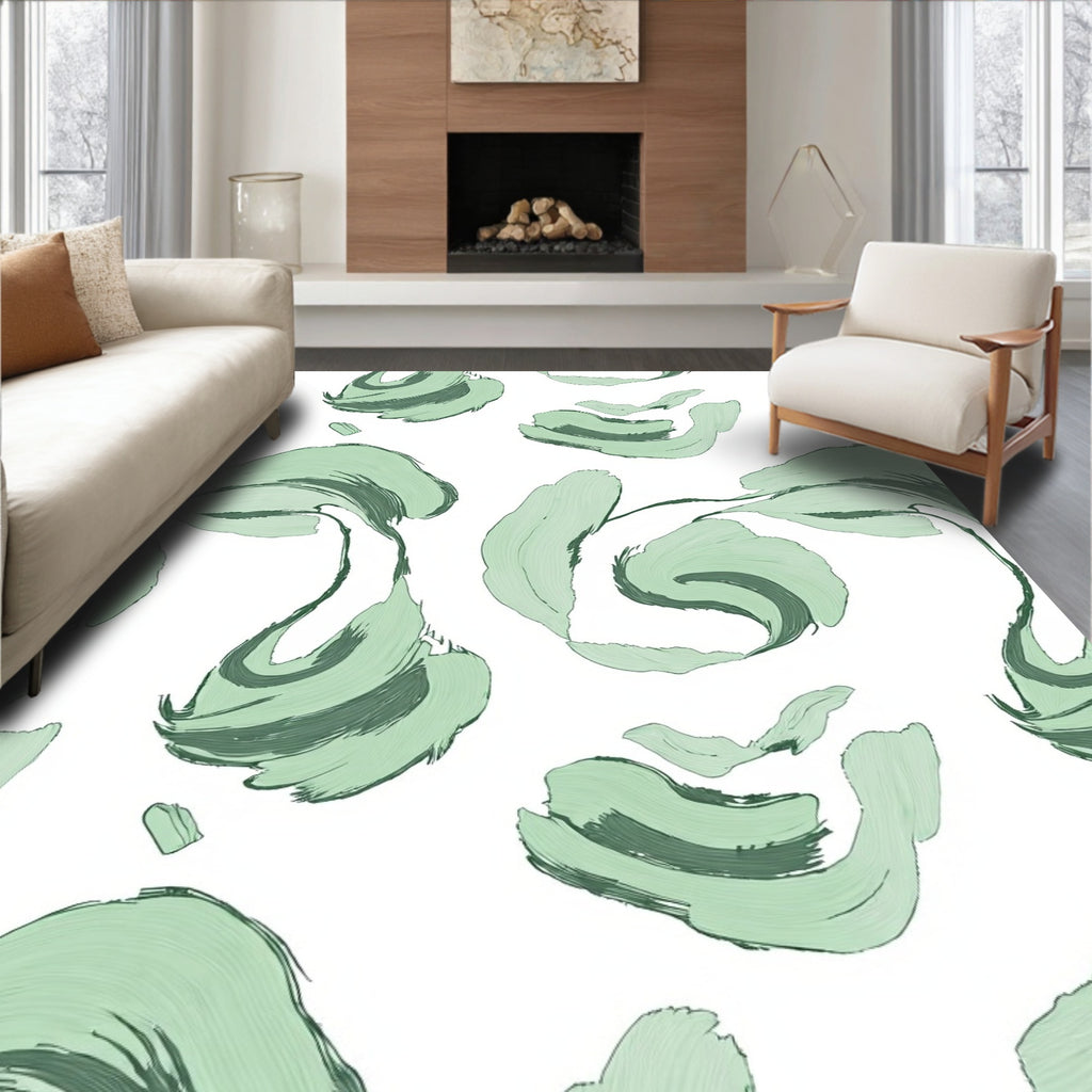 Abstract Brushstroke Green Swirl Pattern Rug