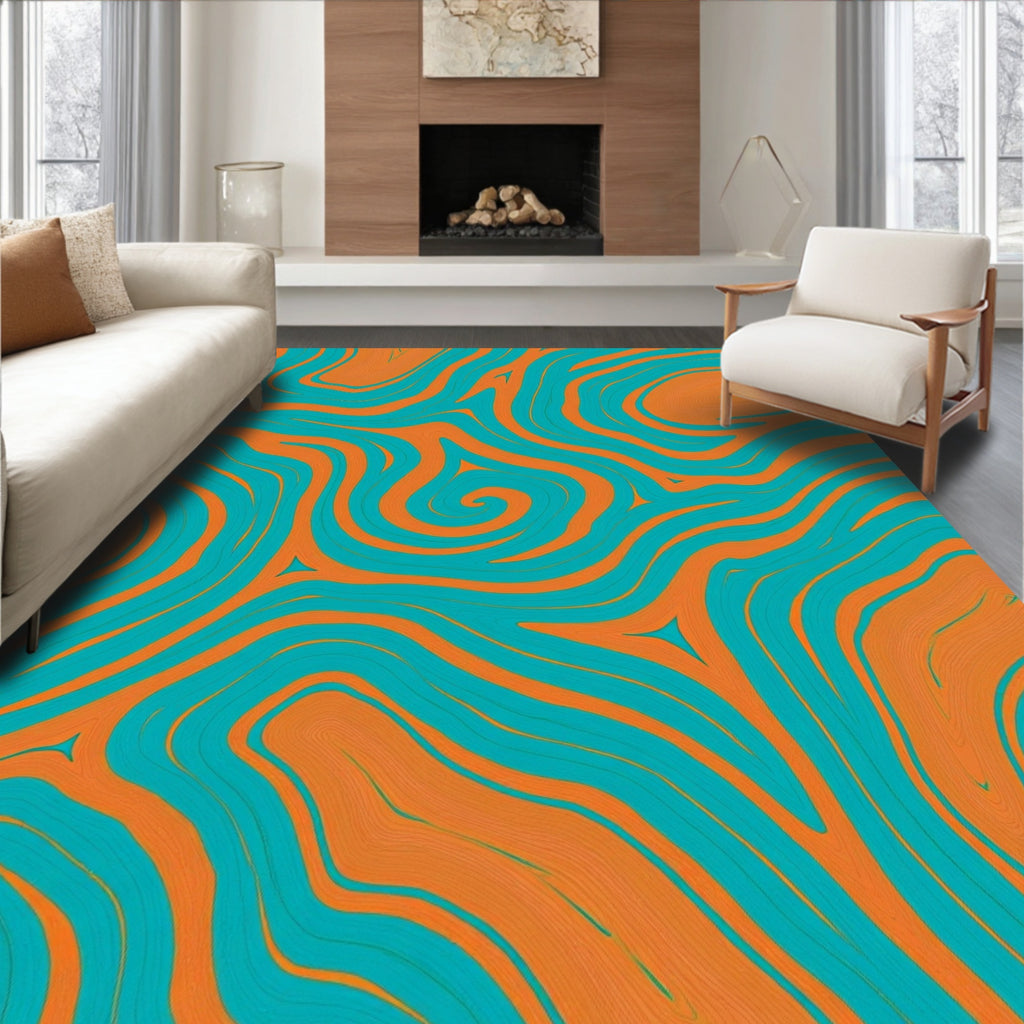 Abstract Teal Orange Swirl Pattern Rug