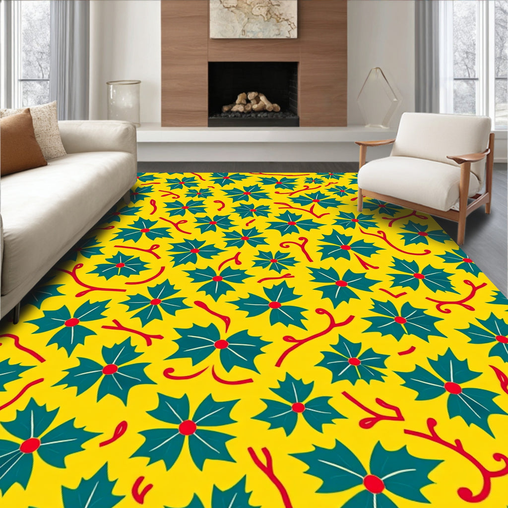 Yellow Leafy Floral Pattern Rug