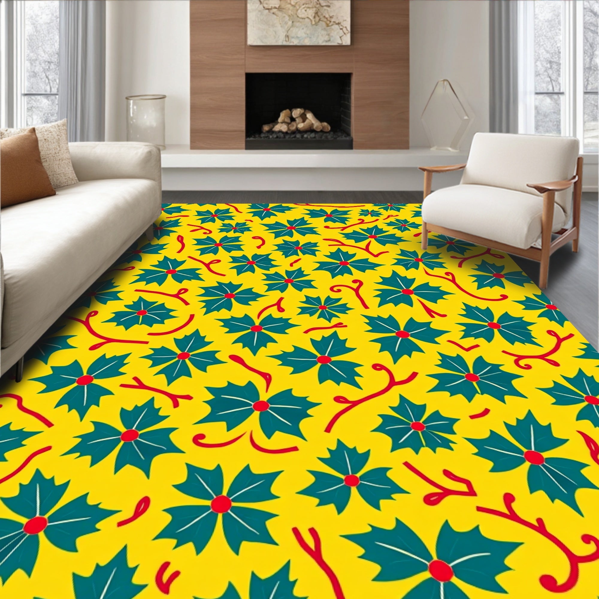 Yellow Leafy Floral Pattern Rug