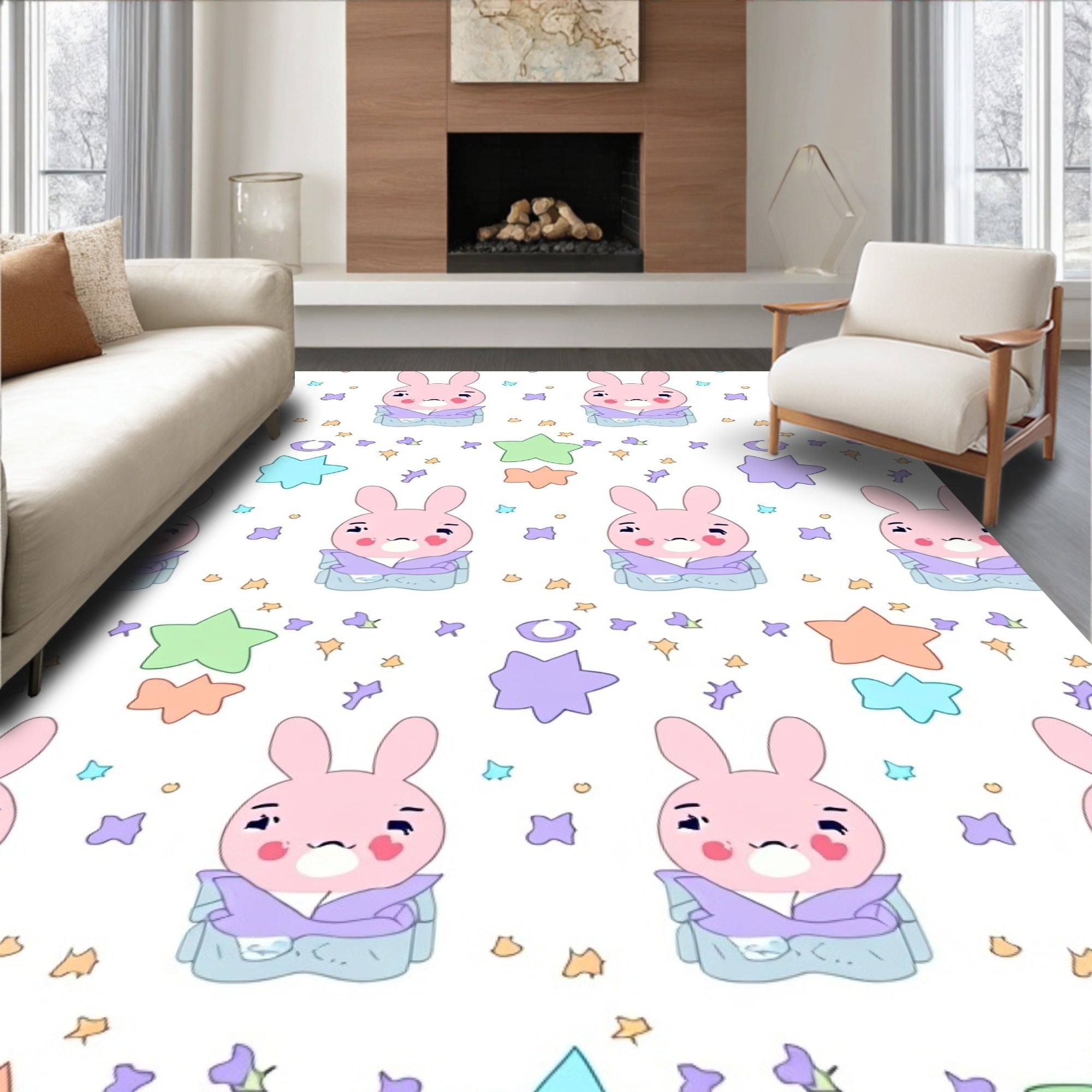 Cute Pink Bunny Star Pattern Rug