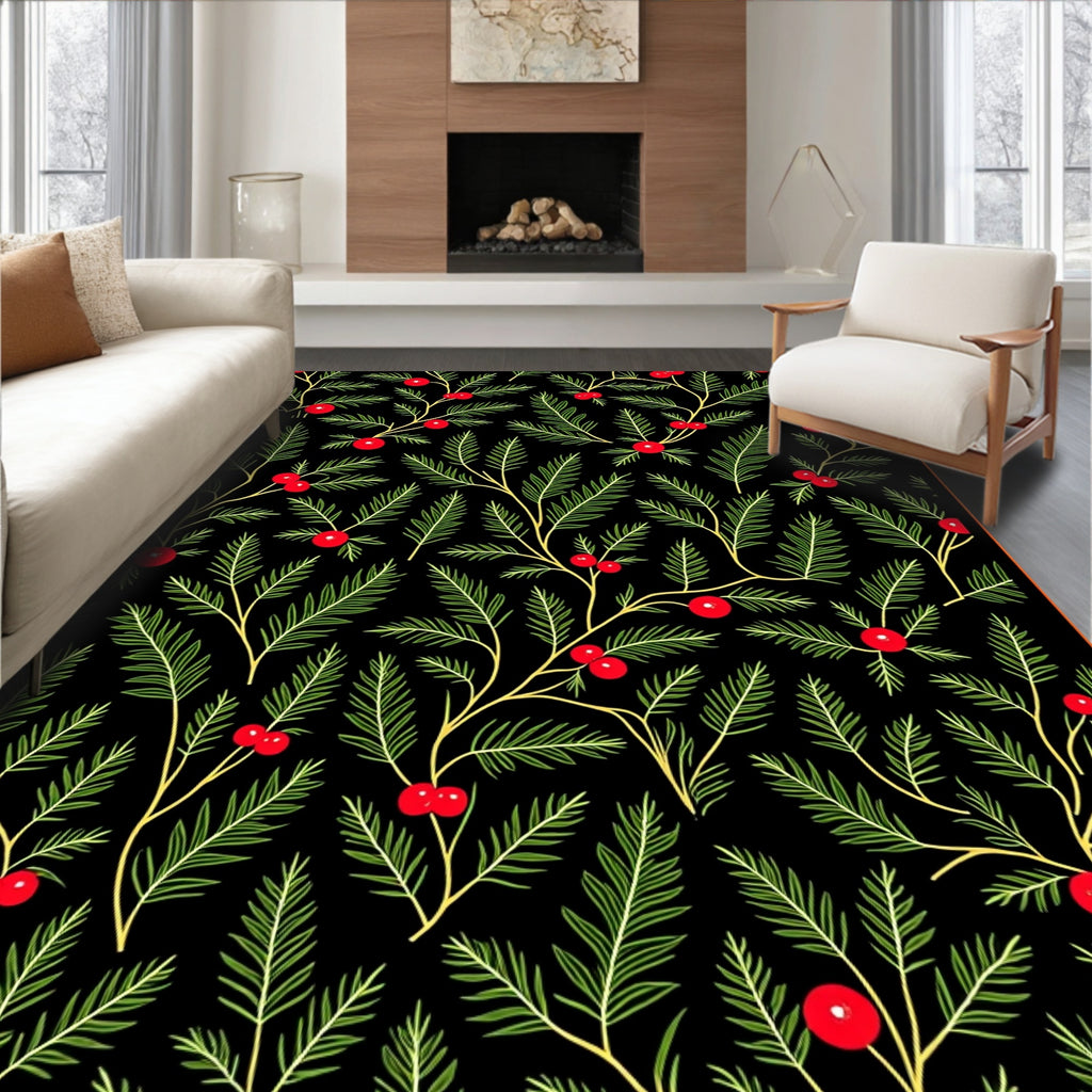 Black Evergreen Holly Berry Garland Rug