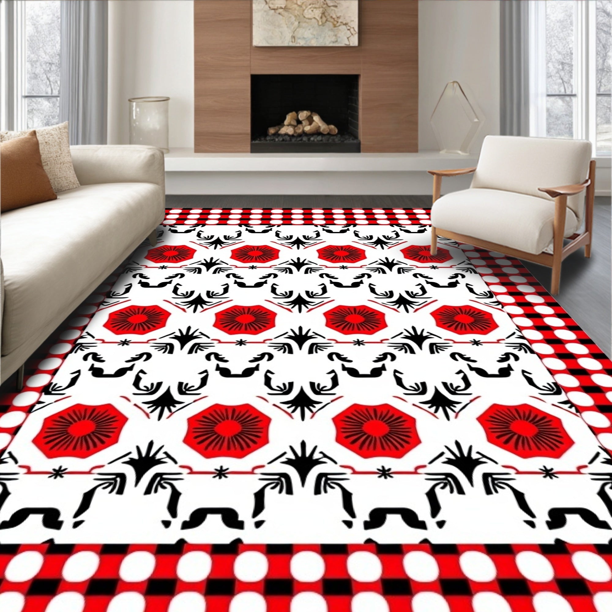Bold Red Flower Gingham Pattern Rug
