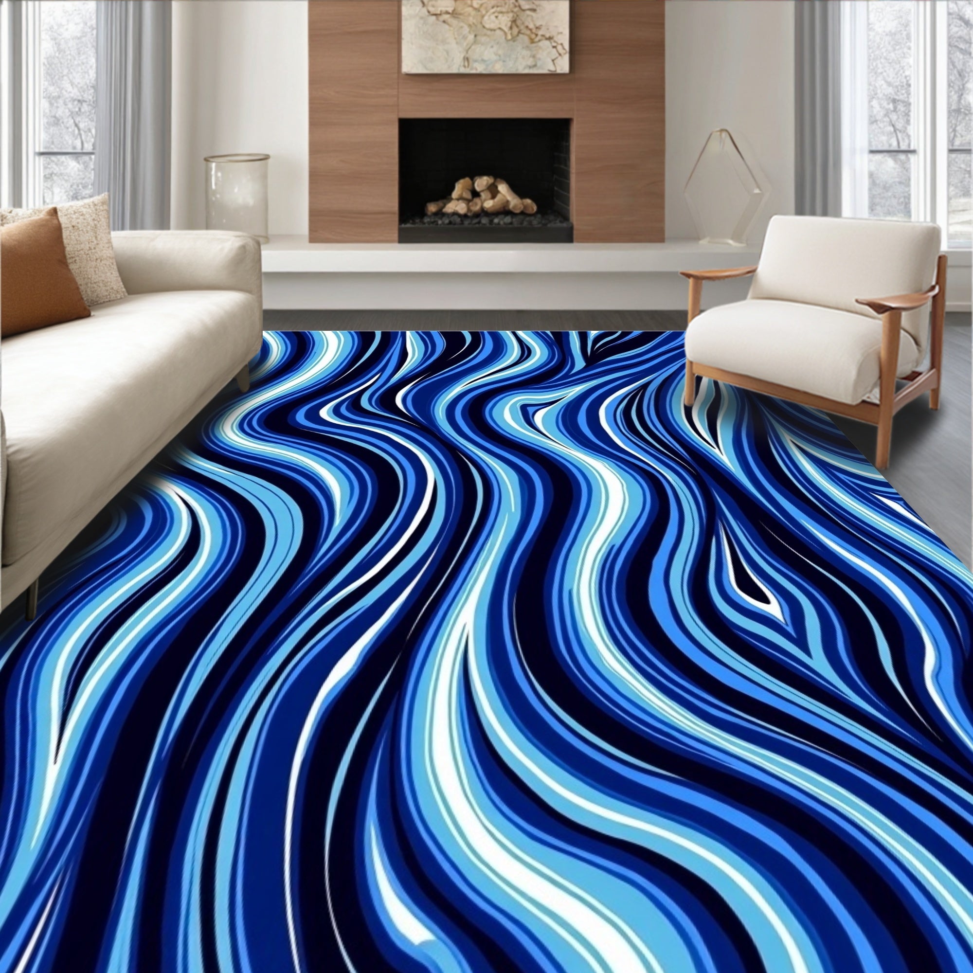Navy Blue Wavy Swirl Rug