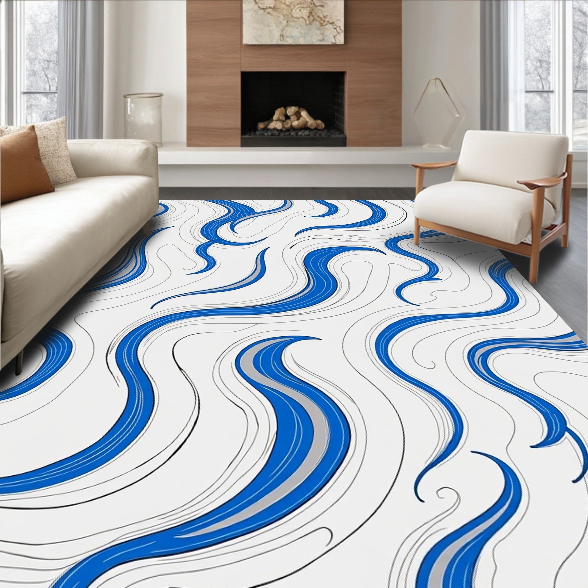 Abstract Blue Swirl Wavy Lines Rug