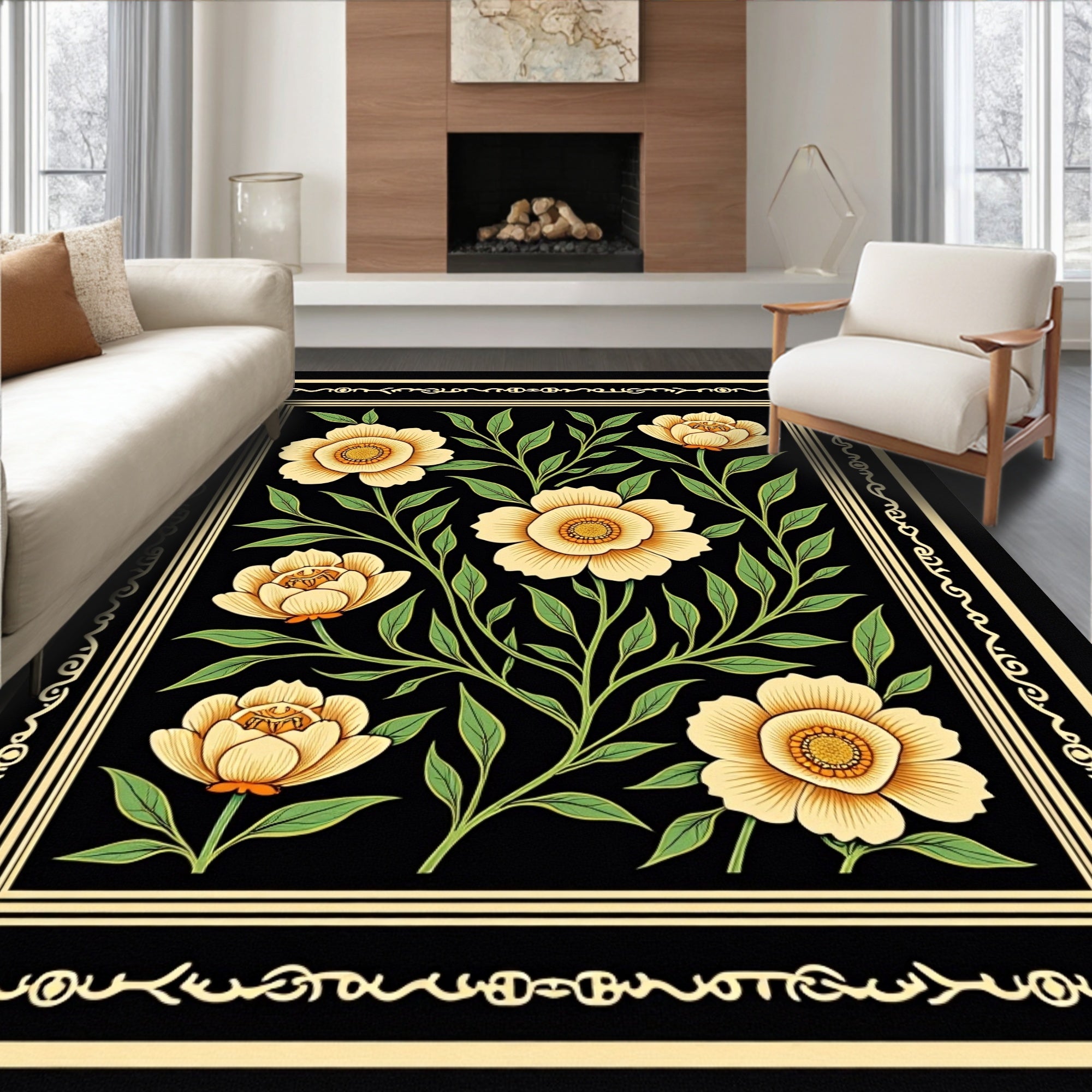 Yellow Floral Vine Pattern Rug