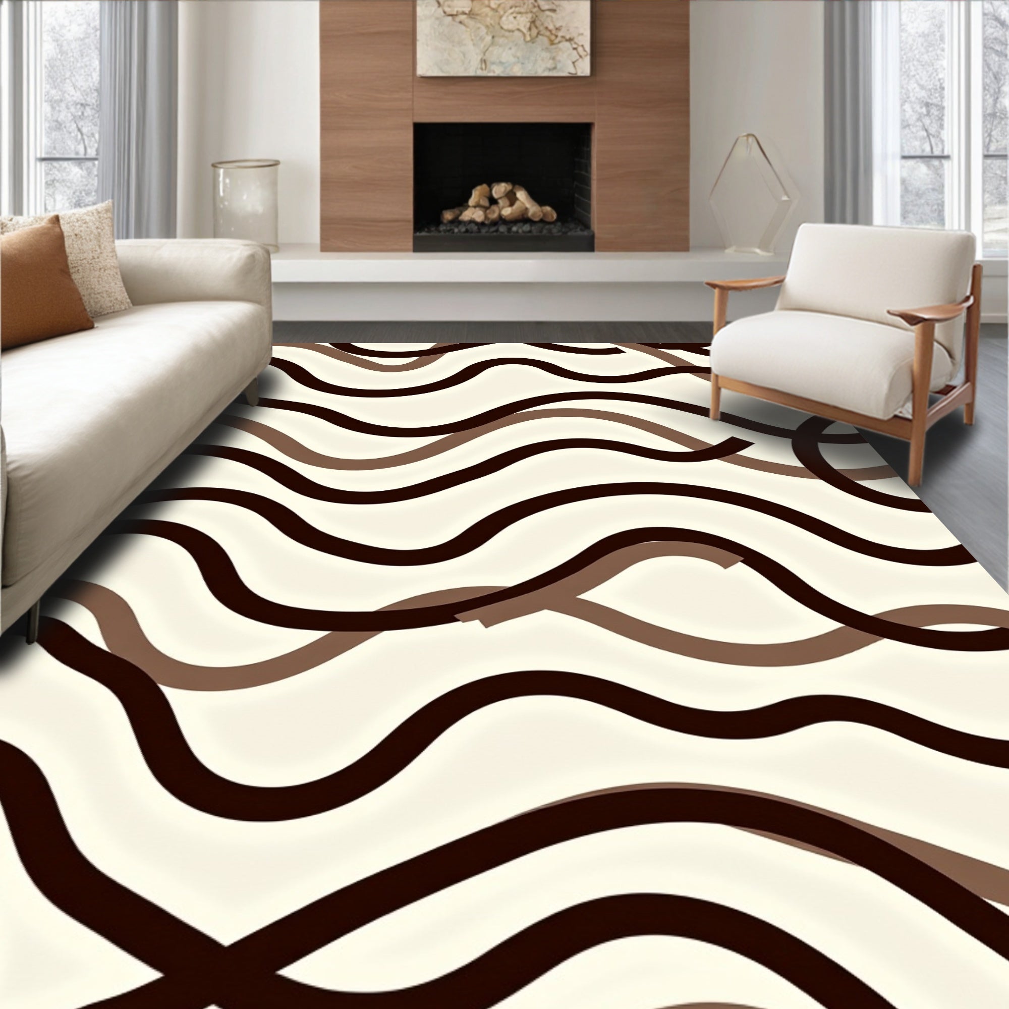 Chocolate Brown Cream Wavy Lines Rug