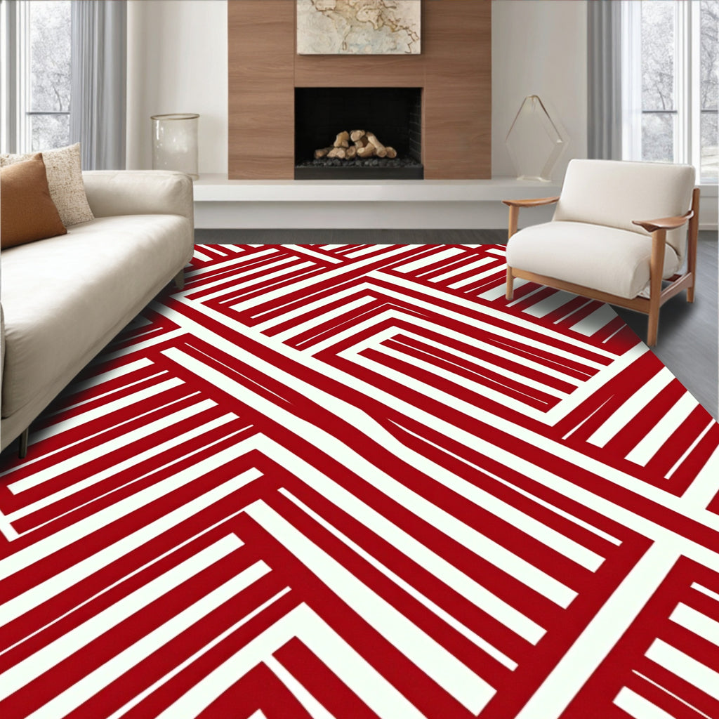 Bold Red White Interlocking Lines Design Rug