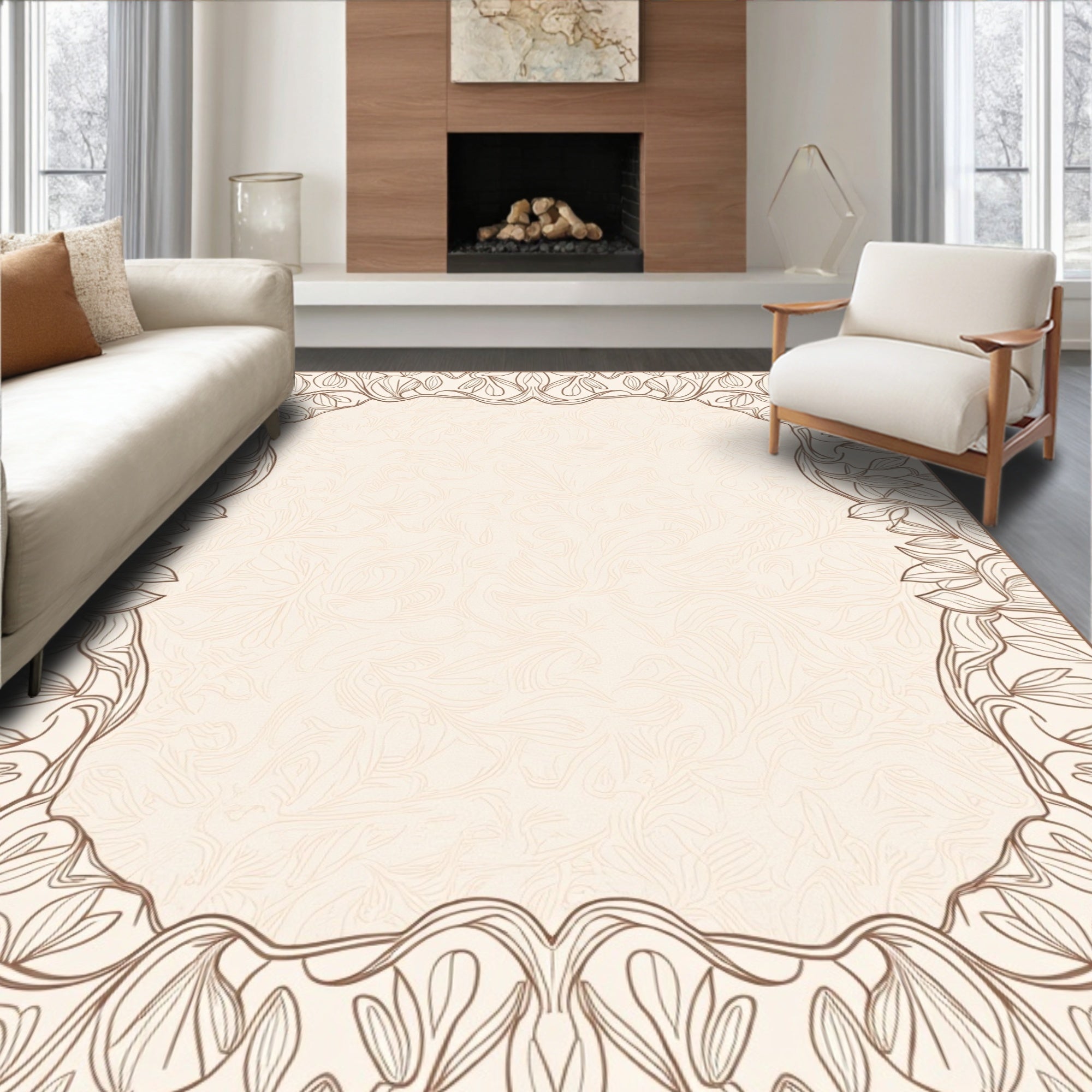 Elegant Outline Floral Border Rug