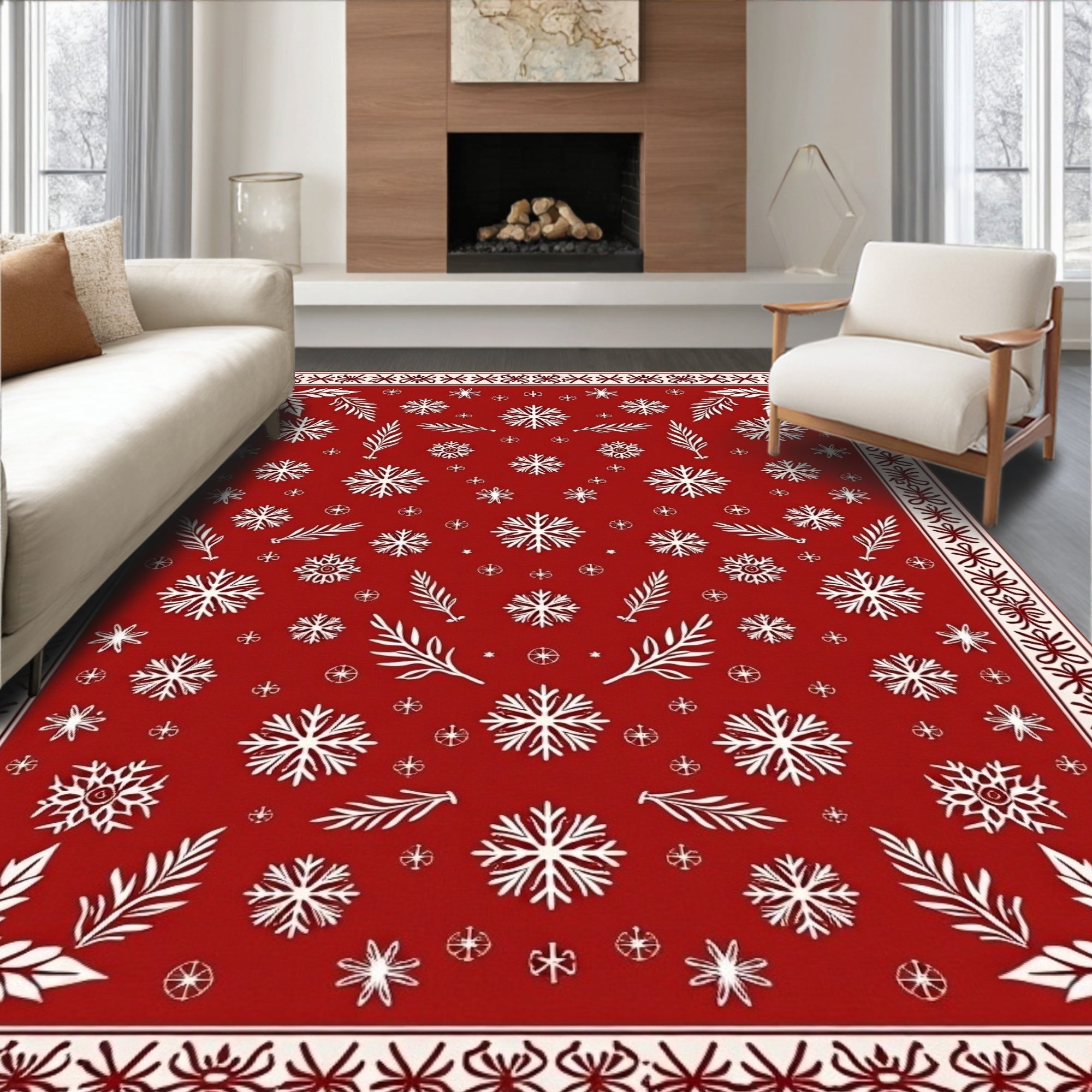 Red White Snowflake Floral Pattern Rug