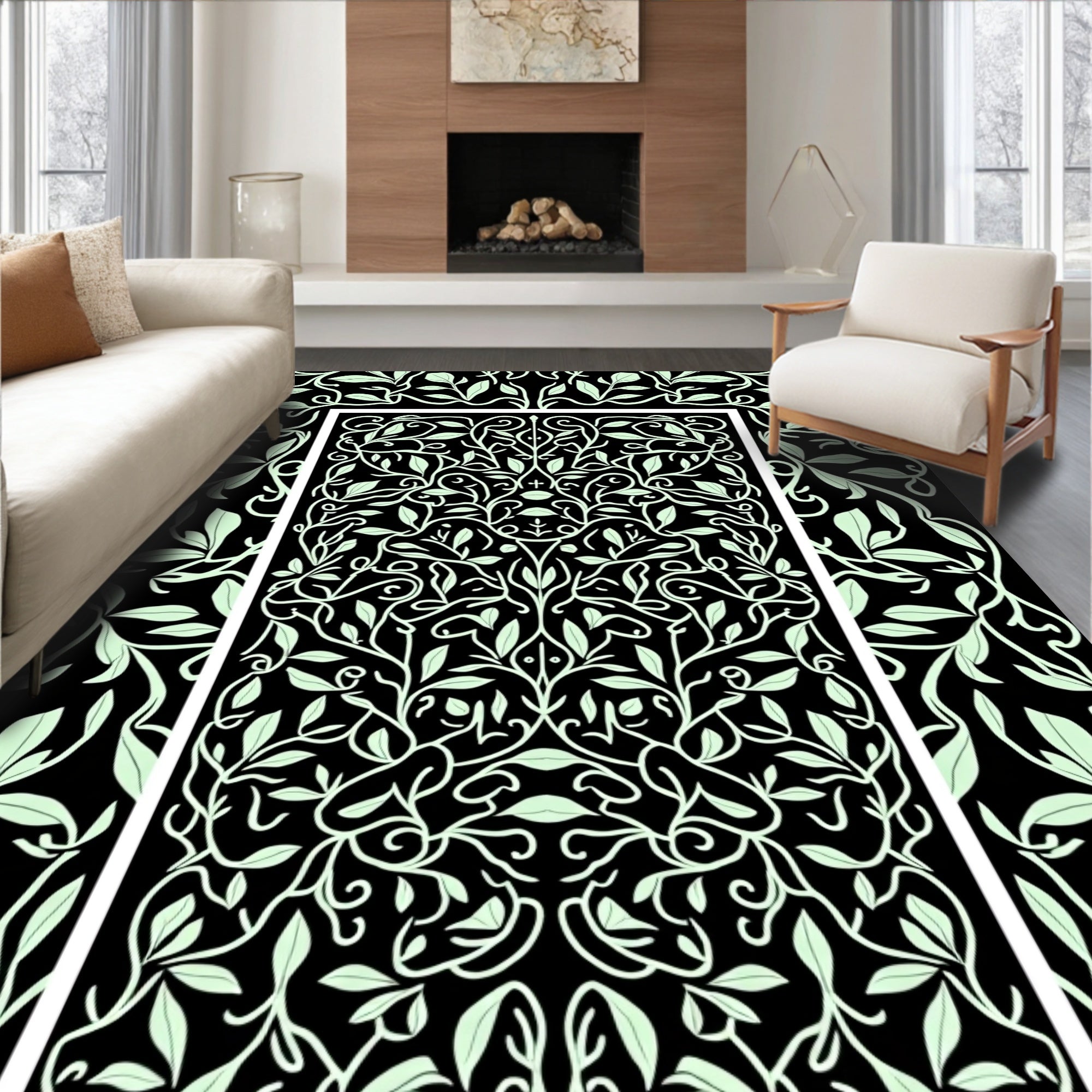 Black Light Green Botanical Vine Accents Rug