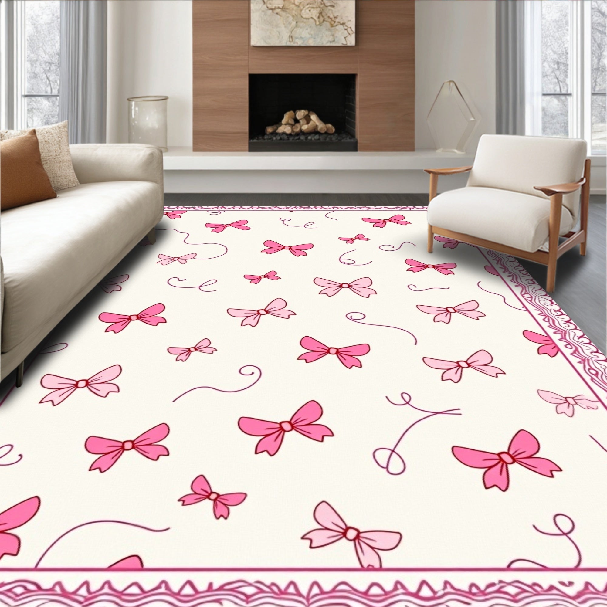 Pink Bows Swirls Pattern Rug