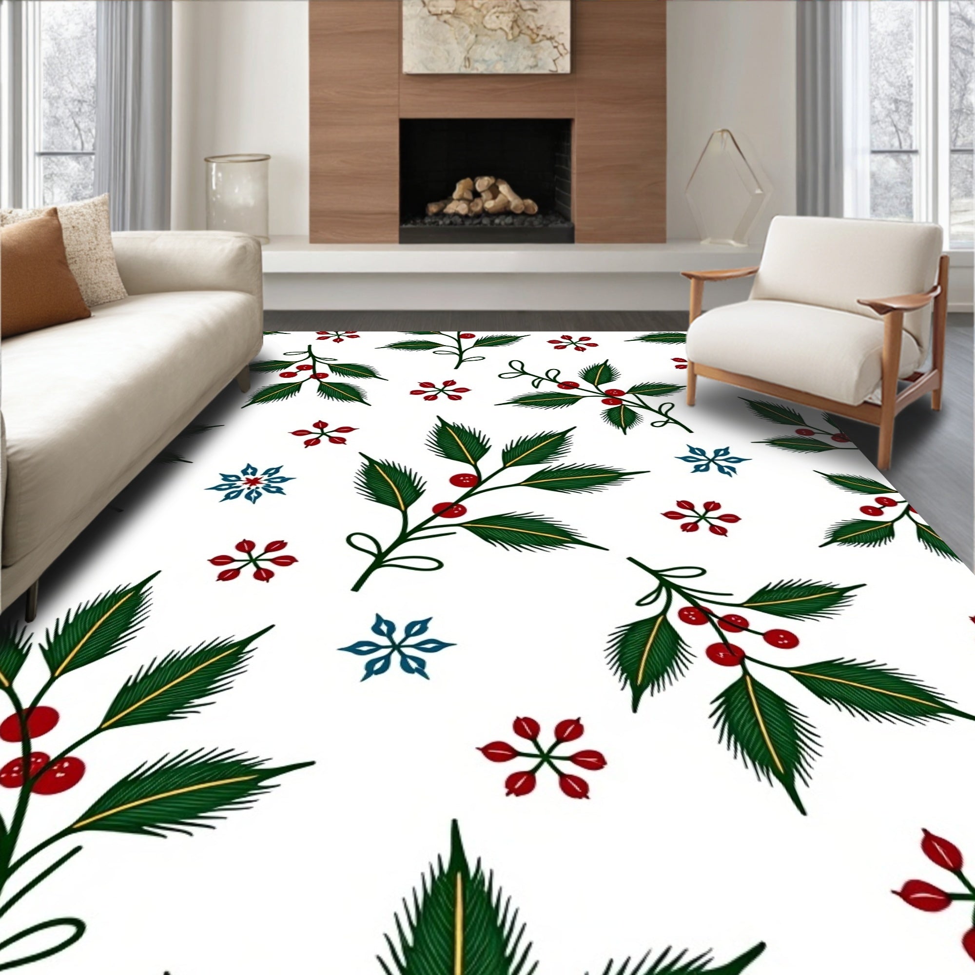 Green Holly Berries and Blue Snowflakes Rug