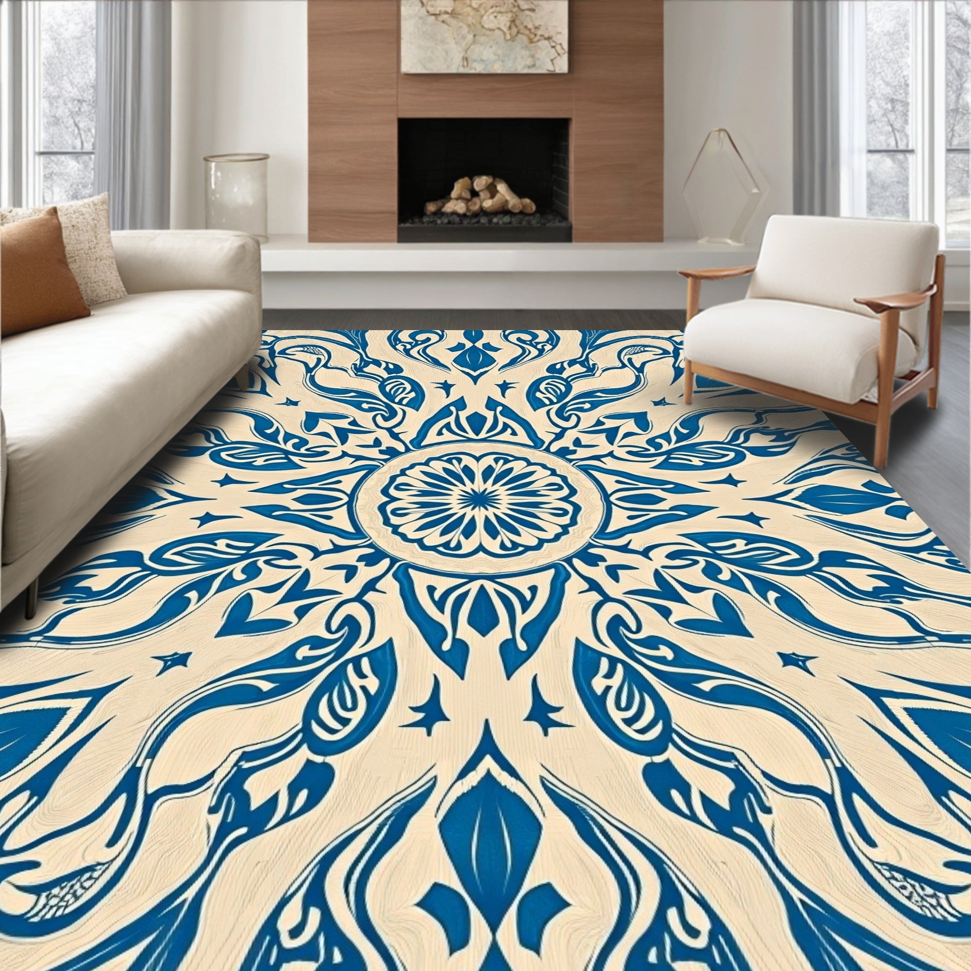 Blue Cream Intricate Mandala Design Rug
