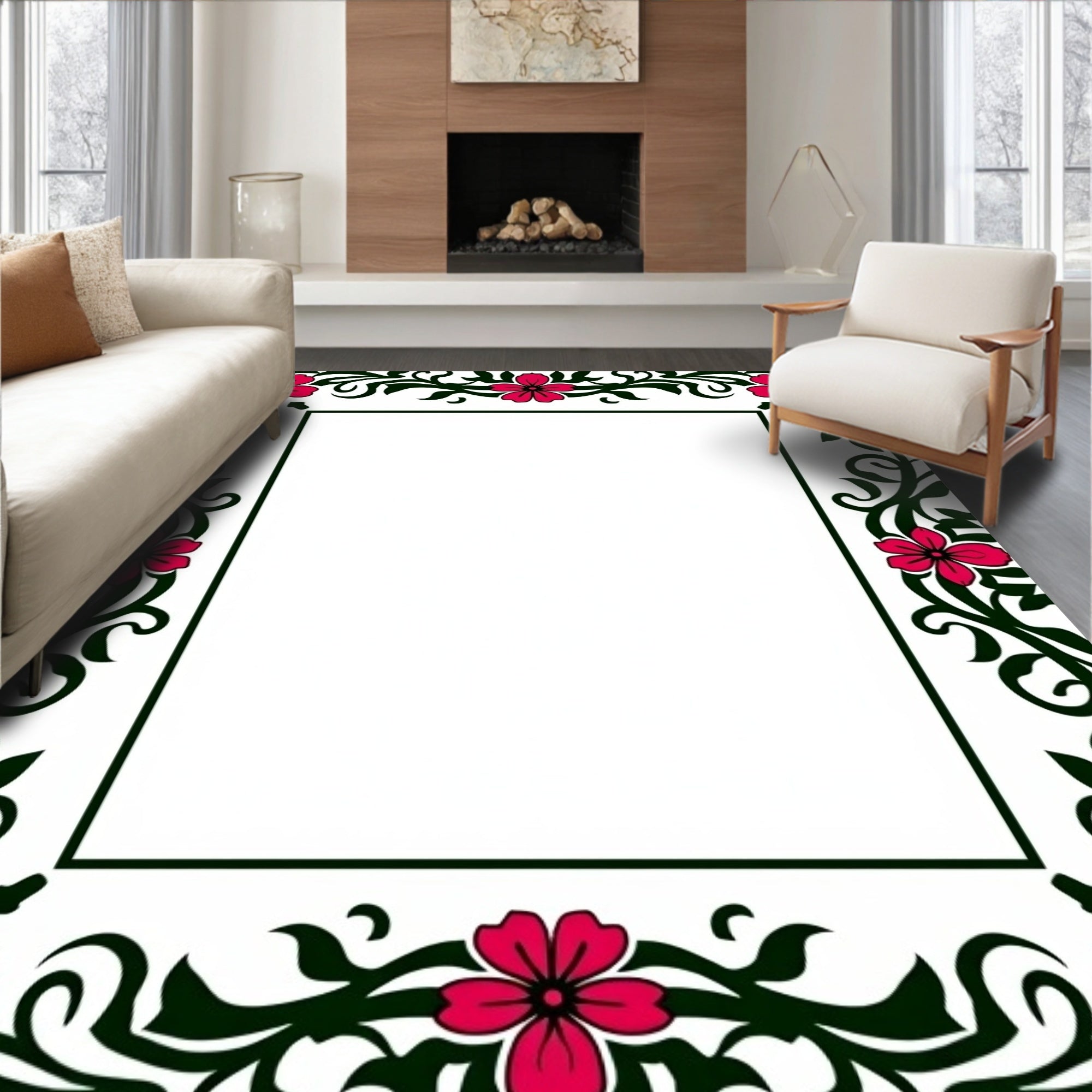 Vibrant Floral Vine Border Rug