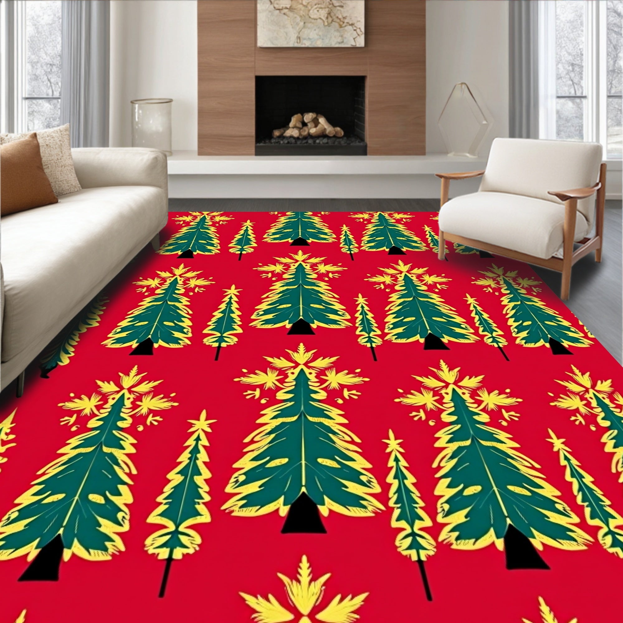 Green Yellow Fir Tree Pattern Rug