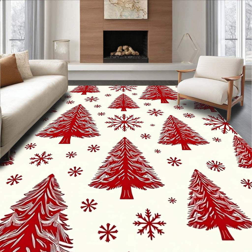 Red Pine Tree Snowflake Pattern Rug