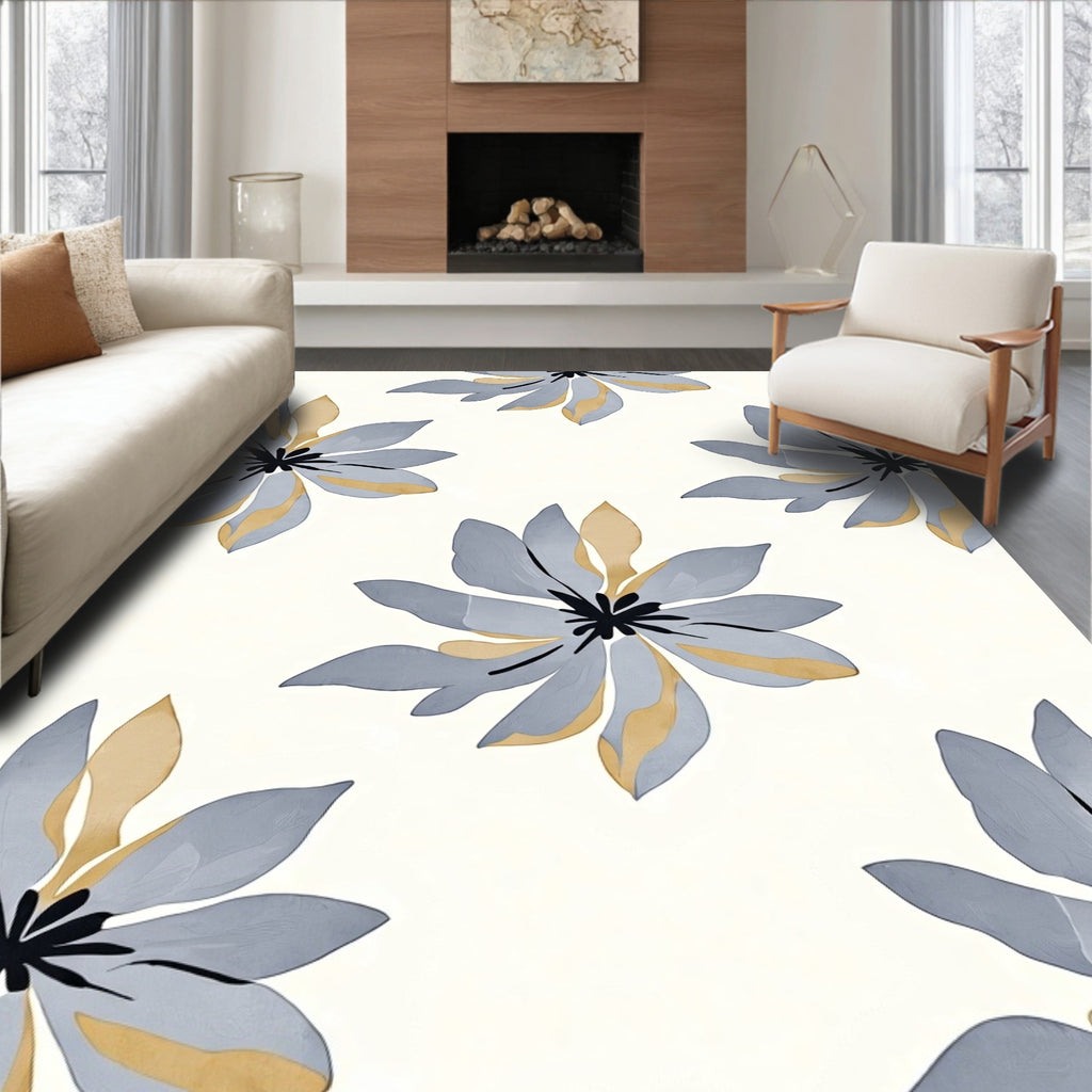 Stylized Gray Gold Floral Pattern Rug