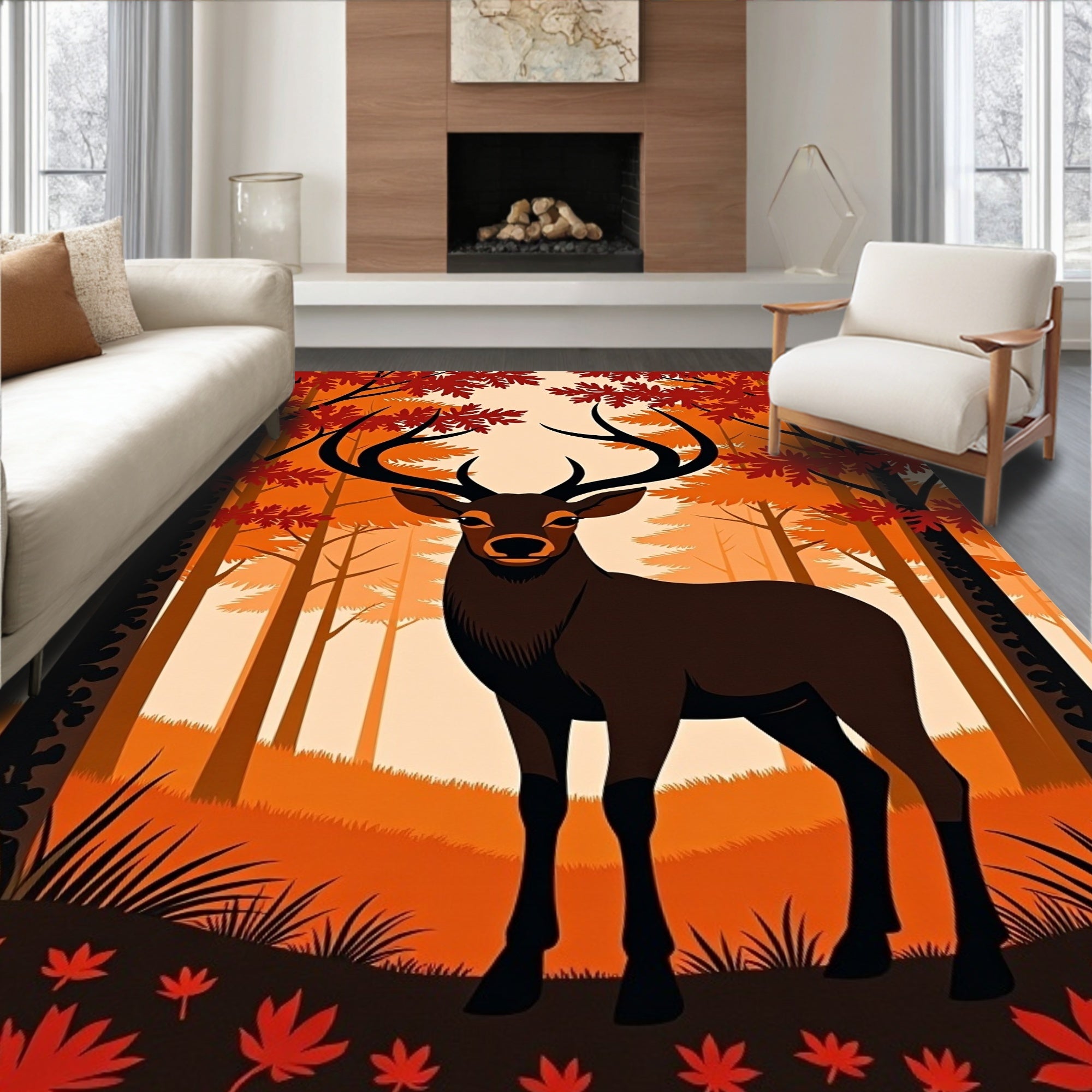 Majestic Deer Autumn Forest Pattern Rug