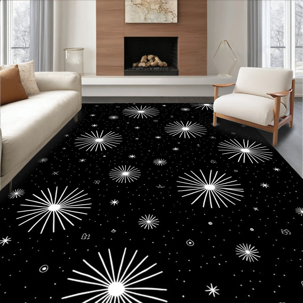 Radiant Starburst Pattern Black White Rug