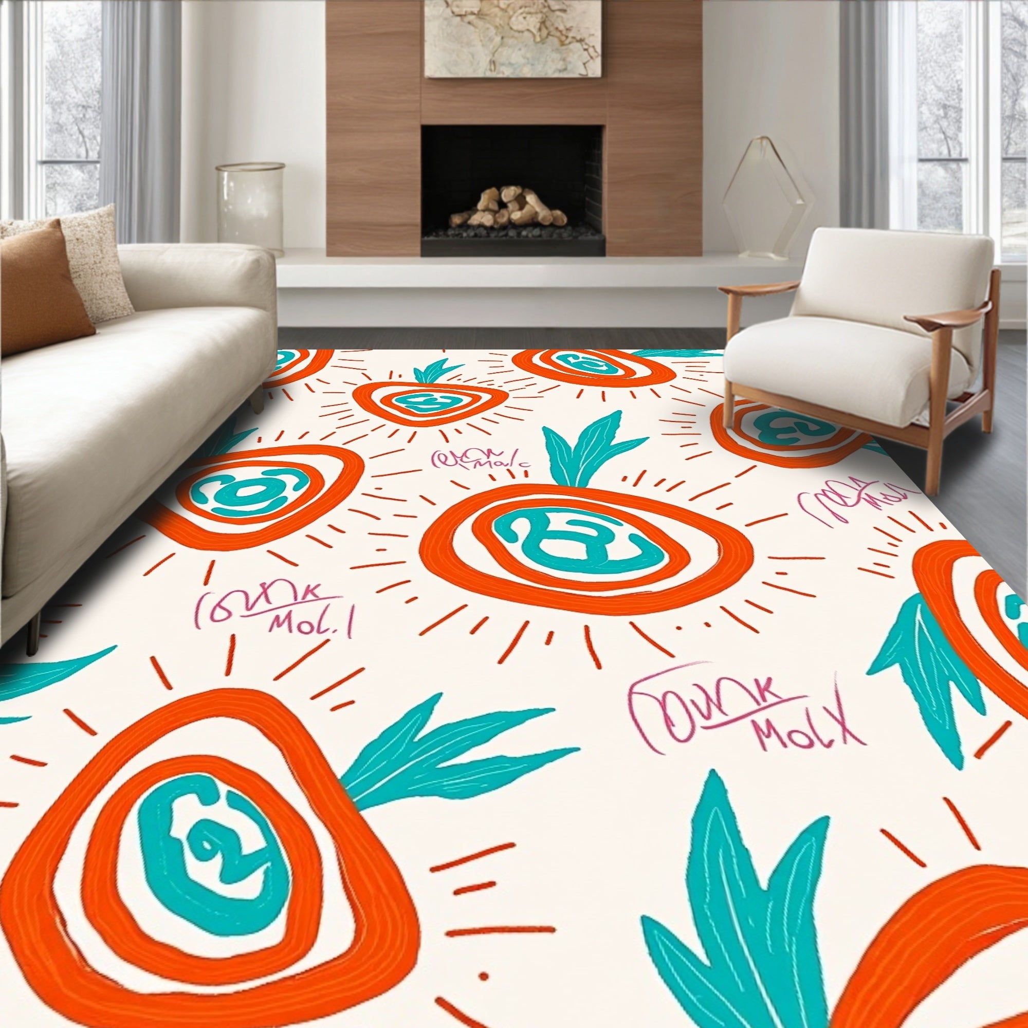 Whimsical Orange Teal Abstract Pattern Rug
