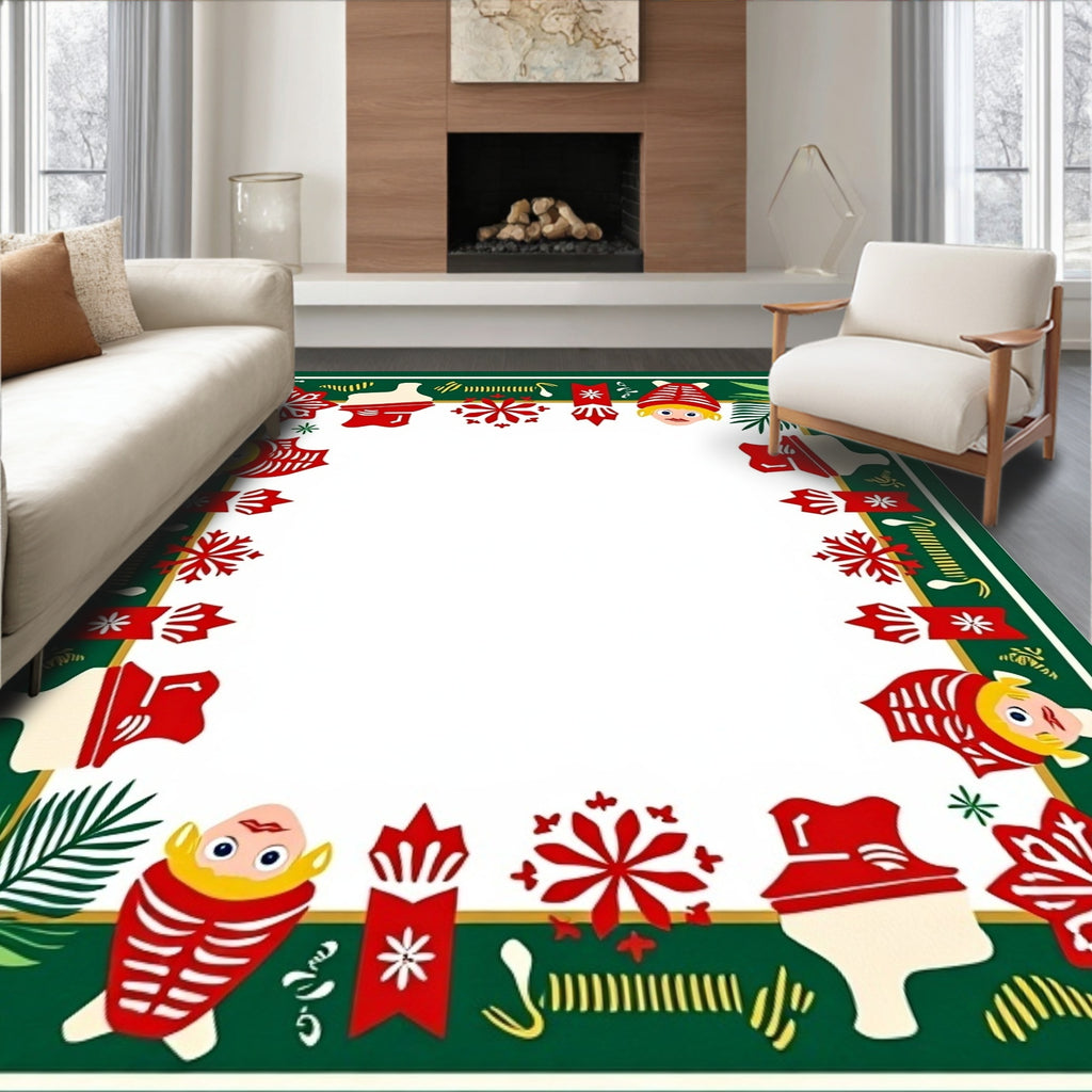 Festive Red Green Snowflakes Children's Border Rug