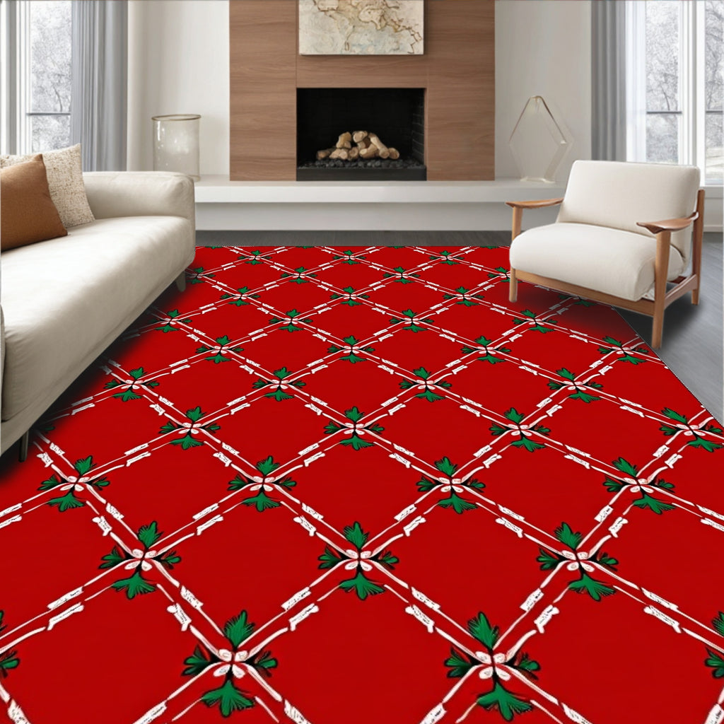 Red Diamond Lattice Floral Pattern Rug