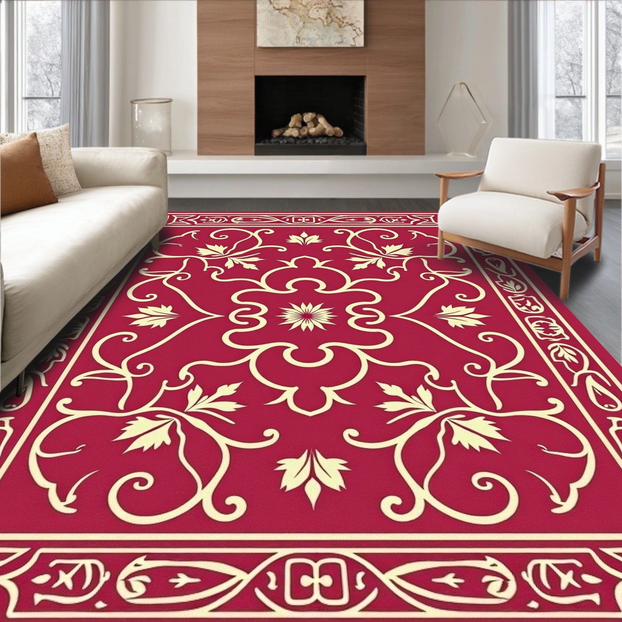 Elegant Red Cream Floral Scrollwork Design Rug