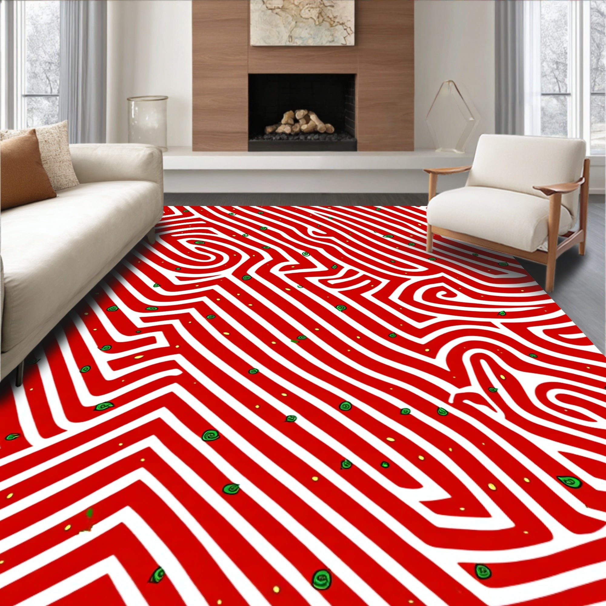 Abstract Red White Flowing Maze Rug