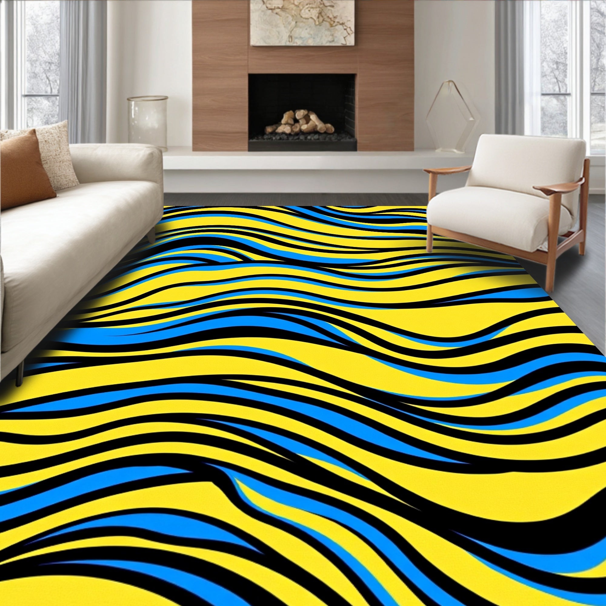 Abstract Blue Yellow Wave Pattern Rug