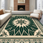 Dark Green Cream Floral Mandala Pattern Rug