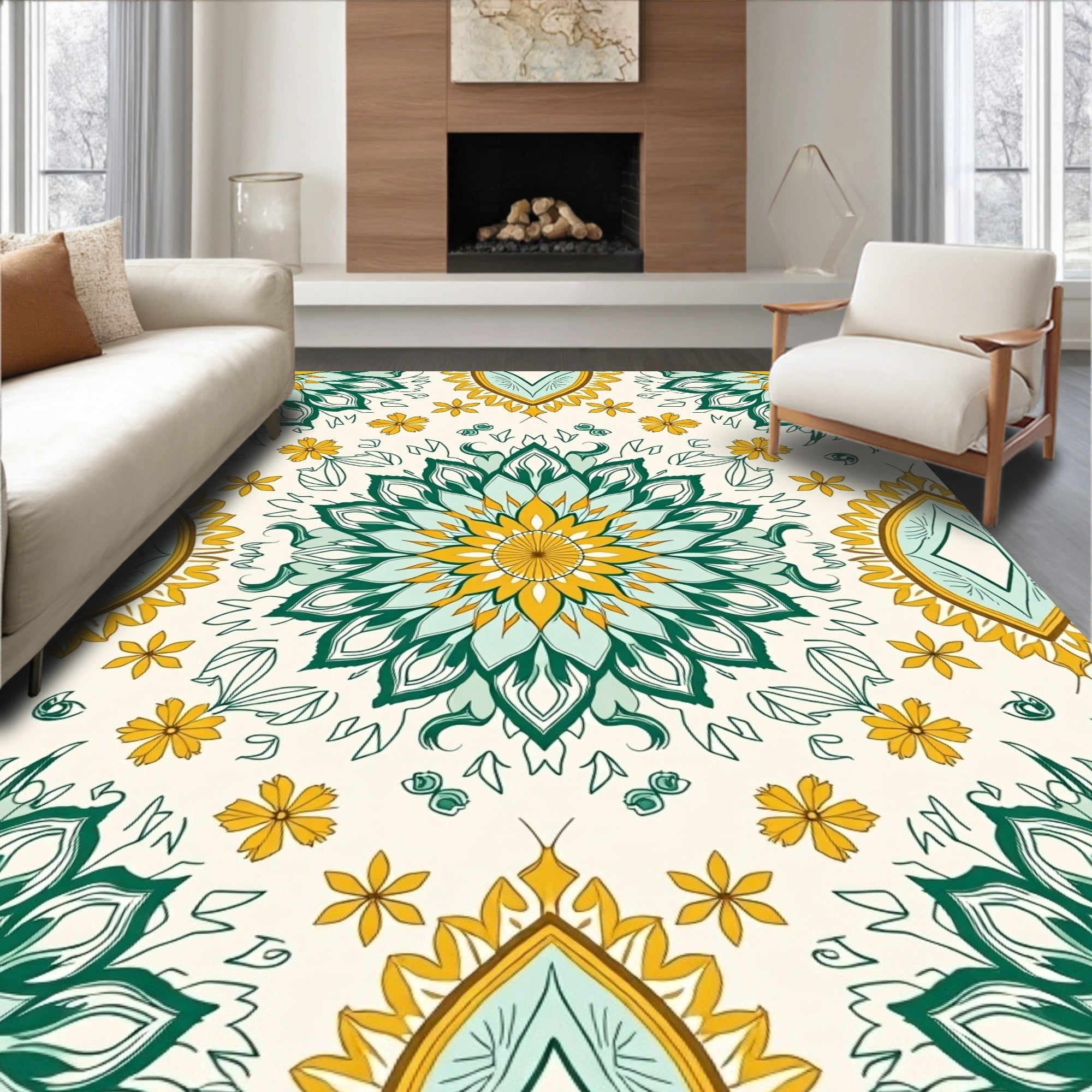 Ornate Teal Yellow Sunburst Pattern Rug