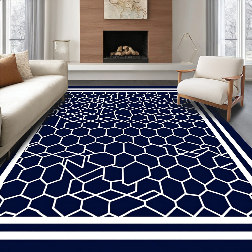 Geometric Honeycomb White On Navy Rug