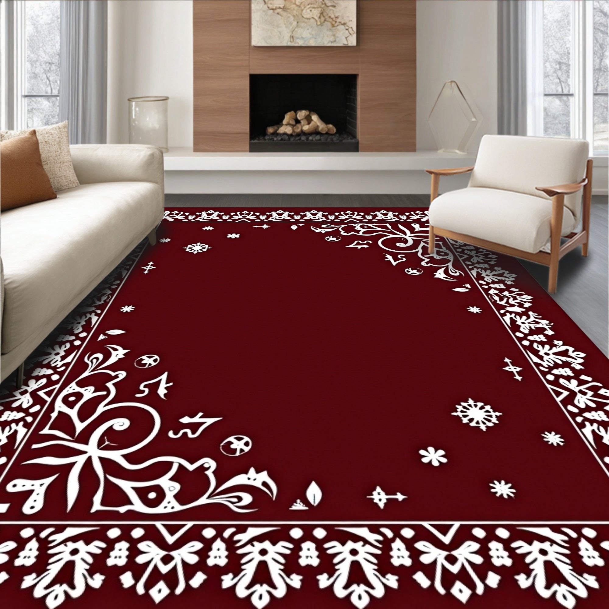 Elegant White Floral Border Pattern Rug