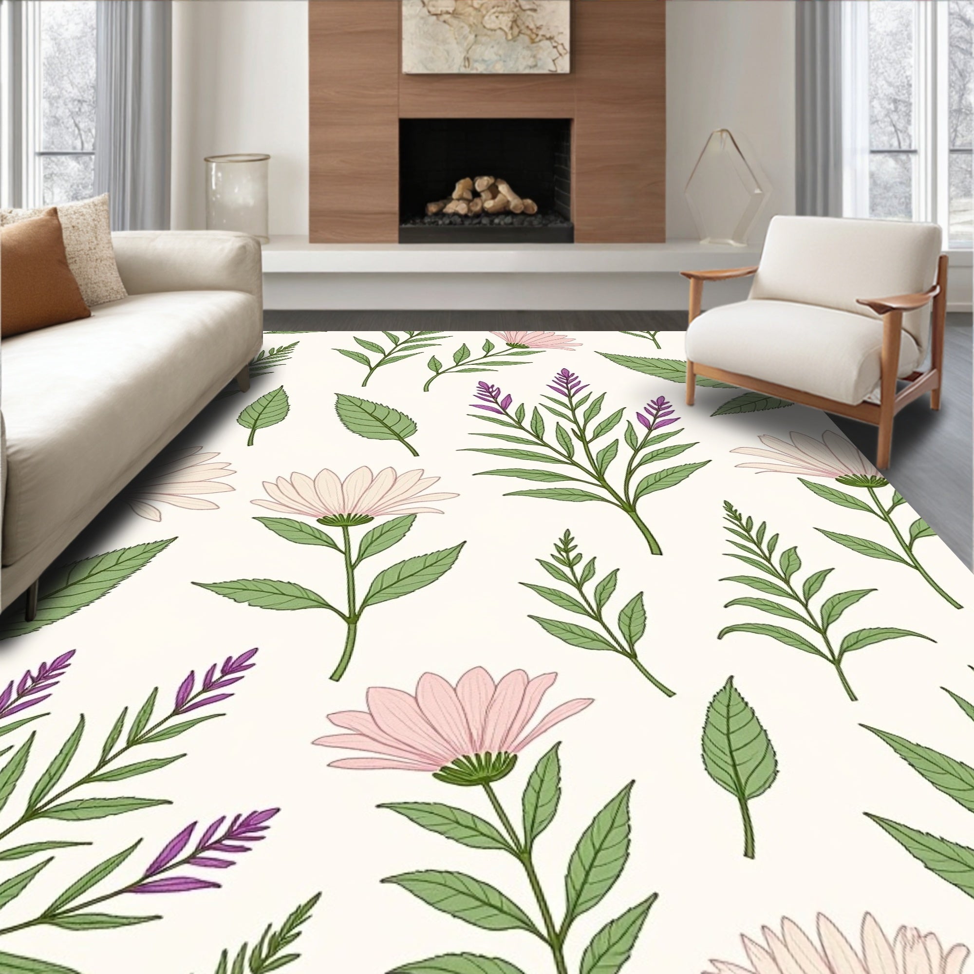 Botanical Leaf and Flower Pattern Rug