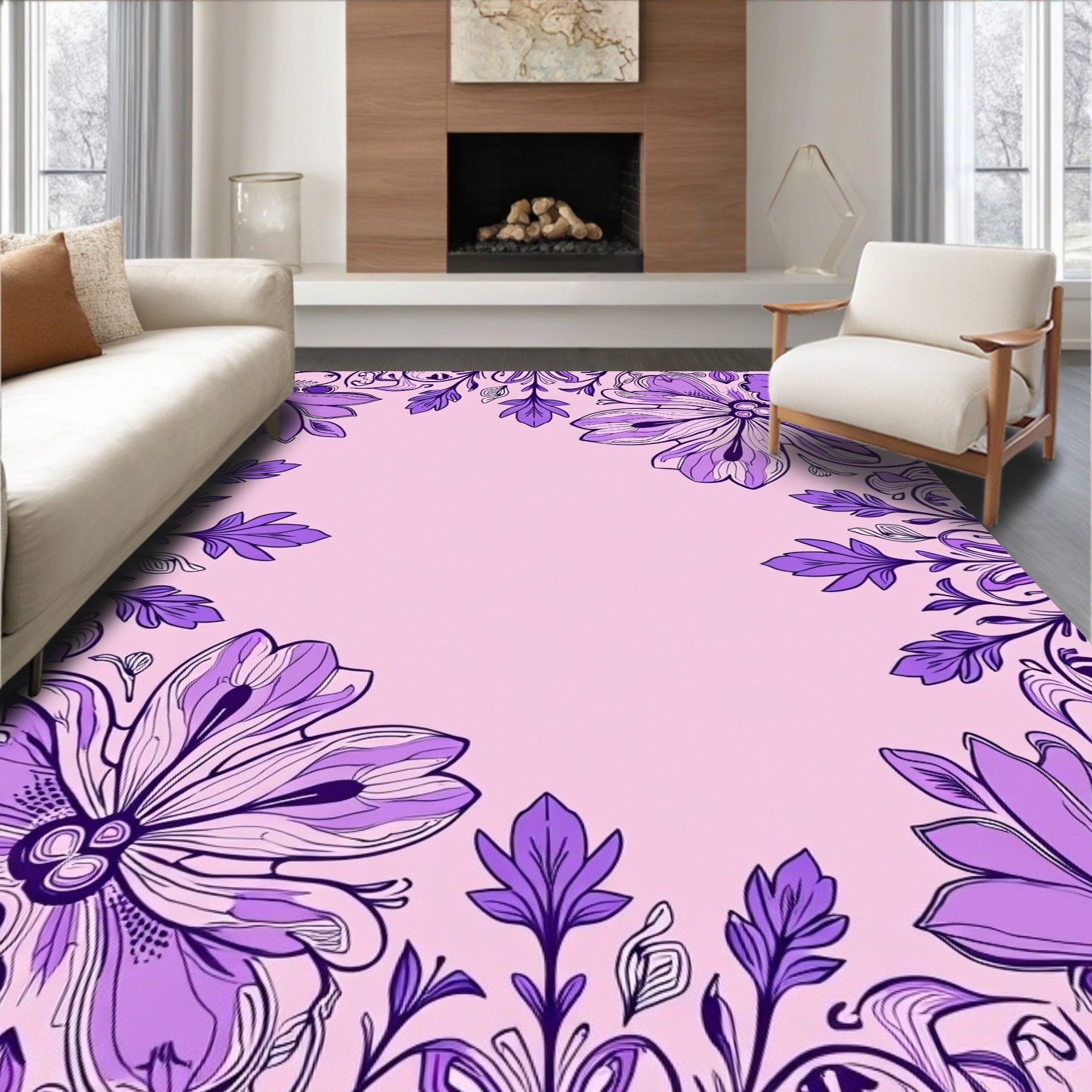 Purple Floral Vines Leaf Pattern Rug