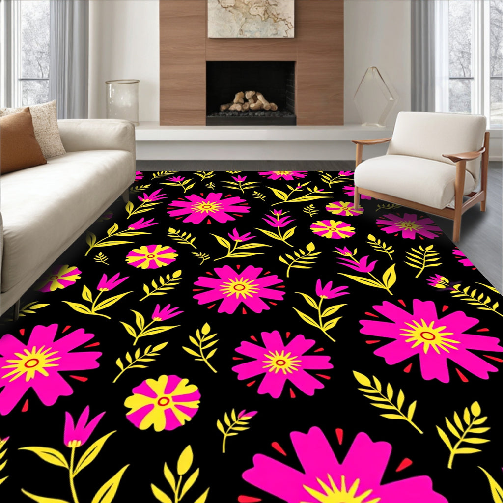 Bold Pink Yellow Floral Pattern Rug
