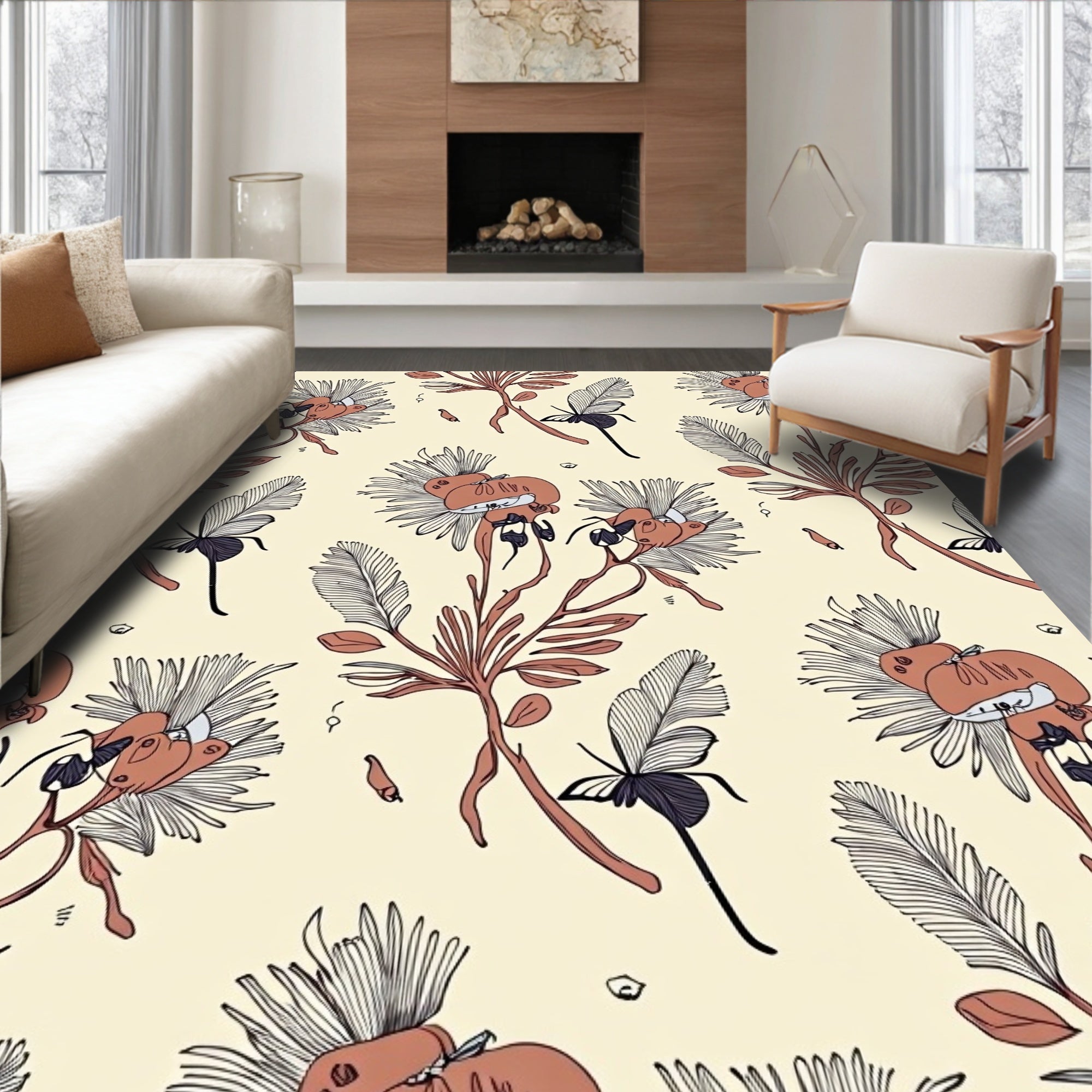 Botanical Fern Bloom Pattern Rug