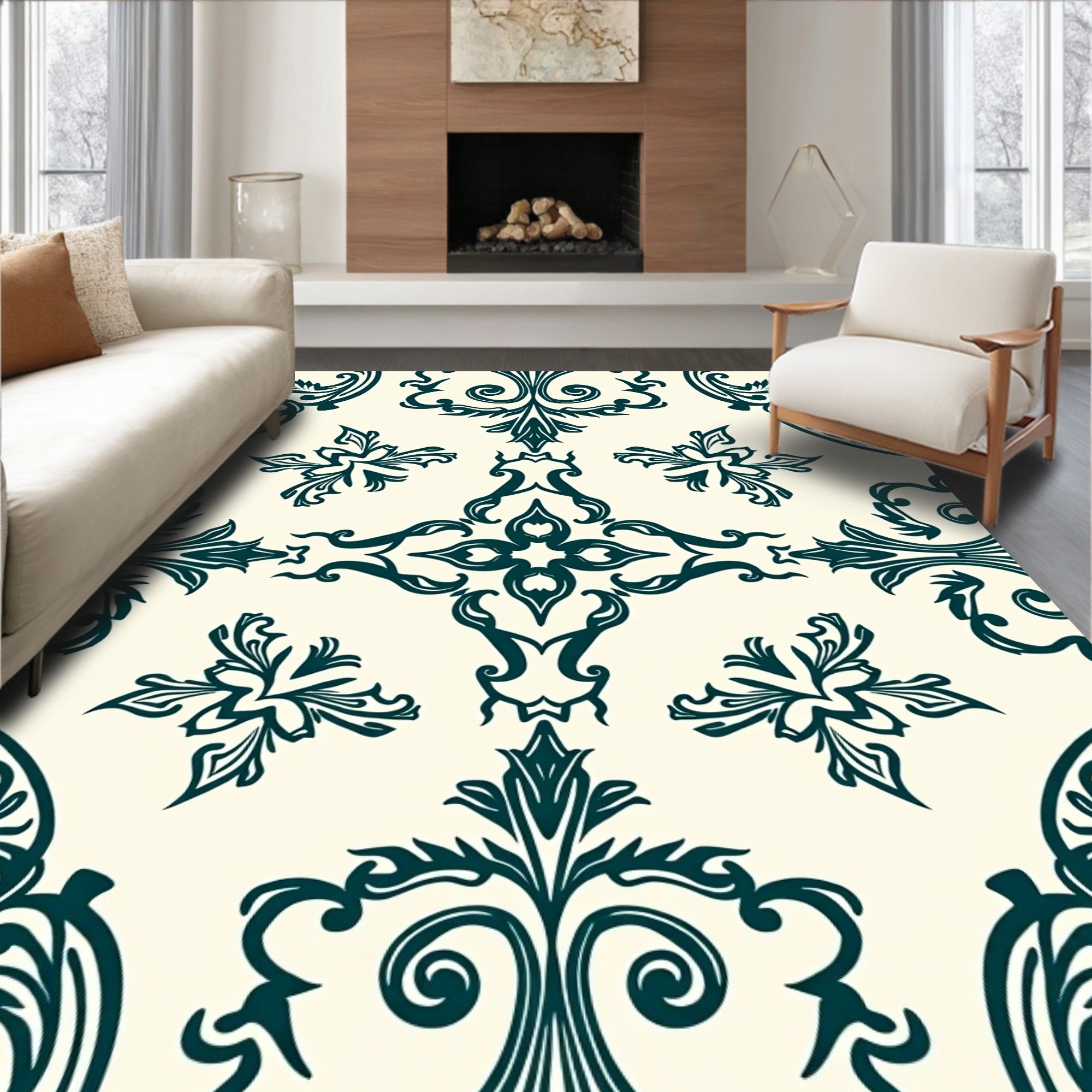 Dark Teal Classical Flourish Pattern Rug