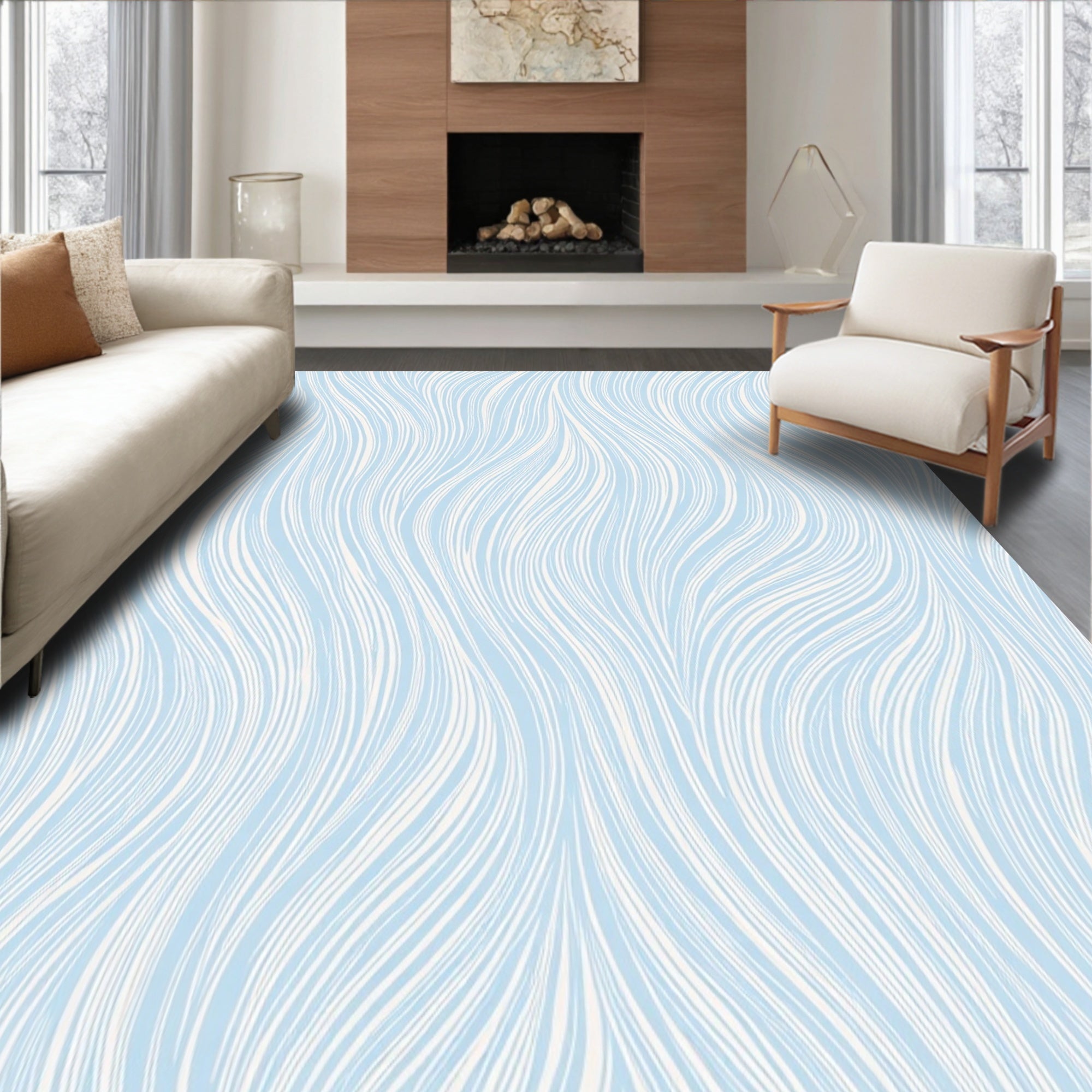 Calm Blue White Wavy Line Rug