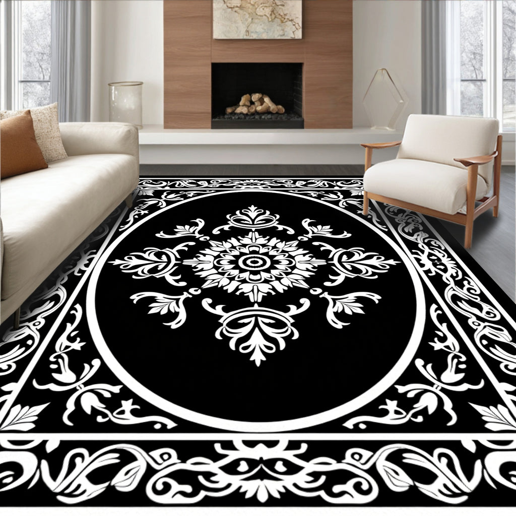Classic Black Oval Floral Center Rug