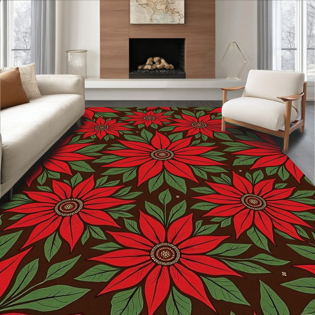 Red Floral Leaves Pattern Rug