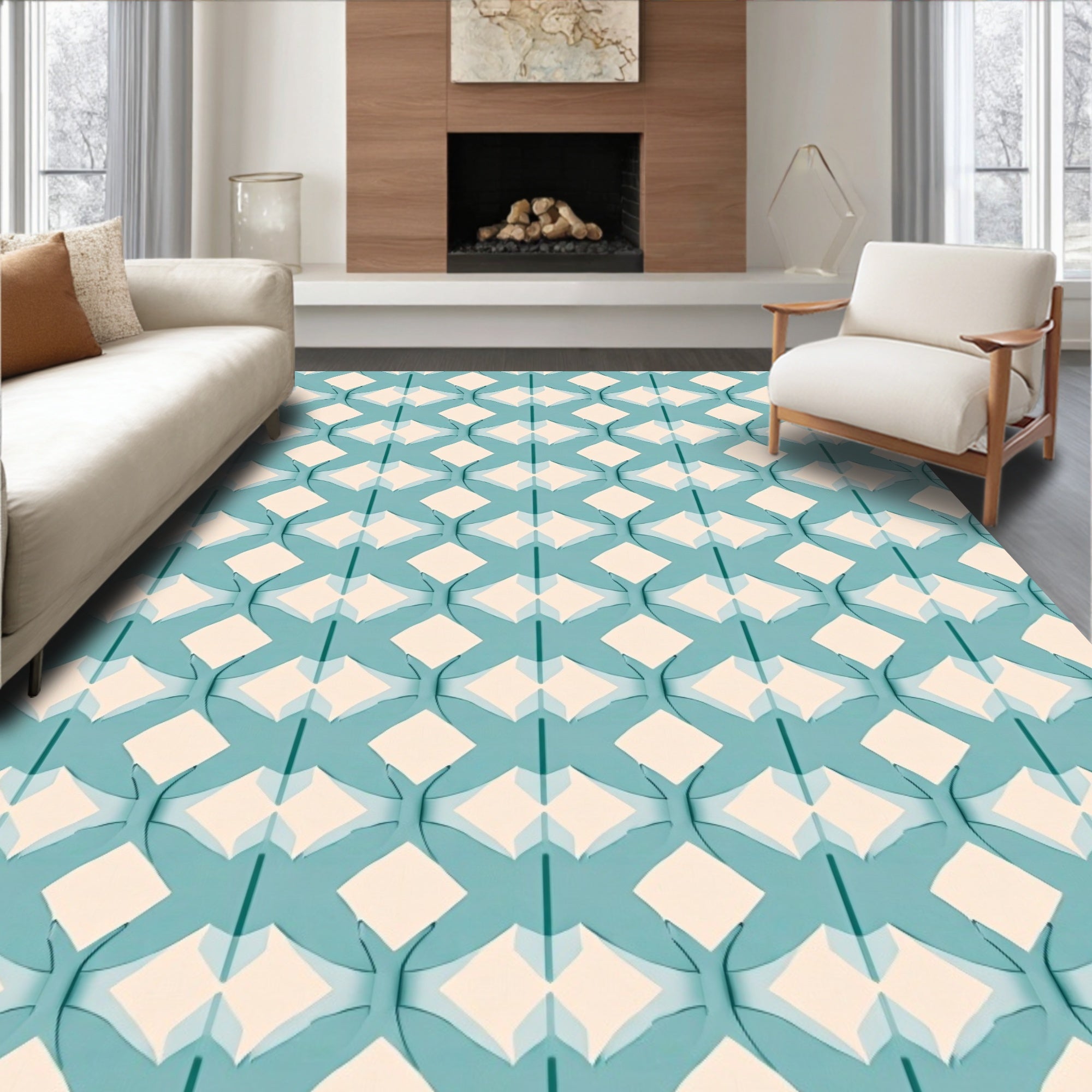 Teal Cream Geometric Interlocking Pattern Rug