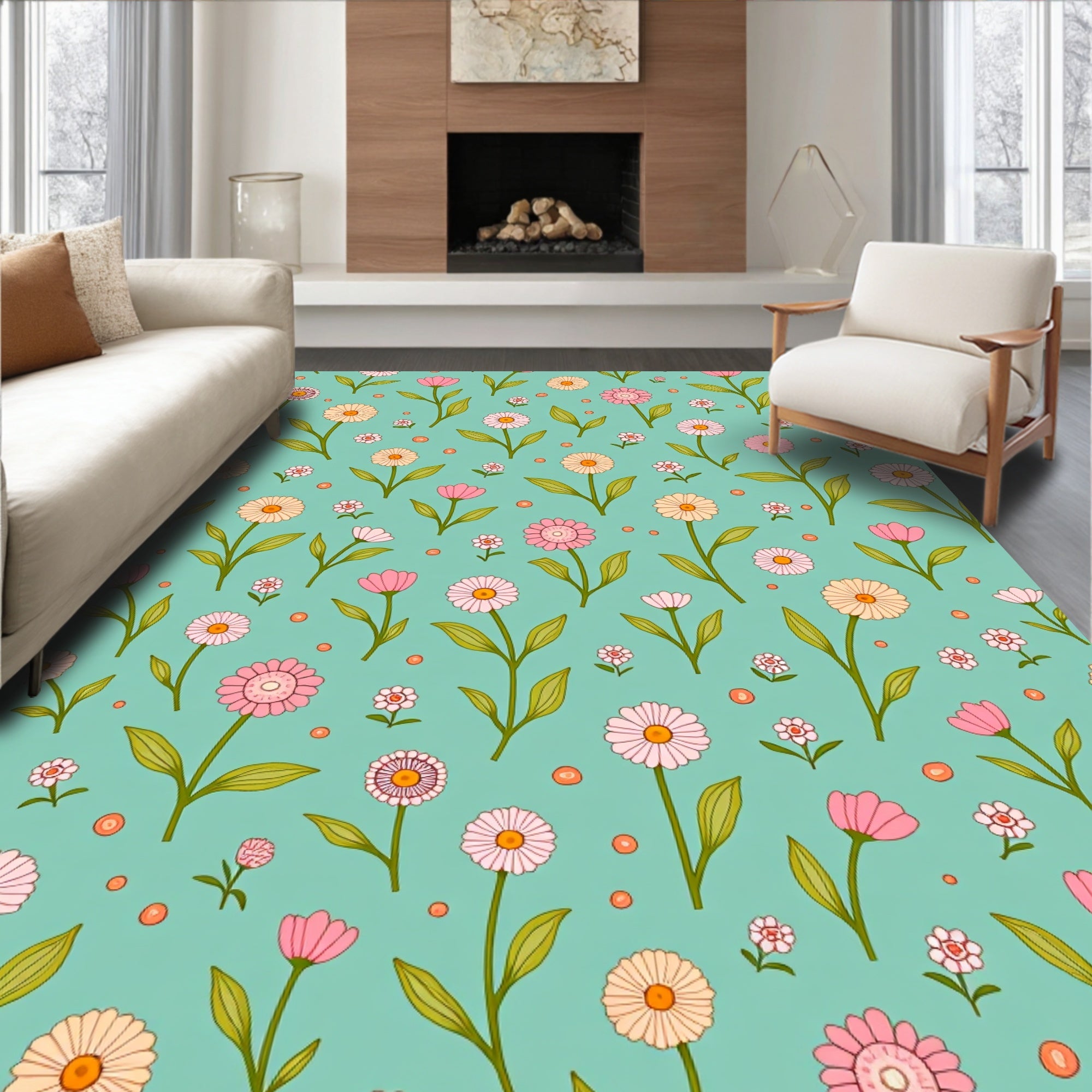 Retro Daisy Floral Pattern Rug