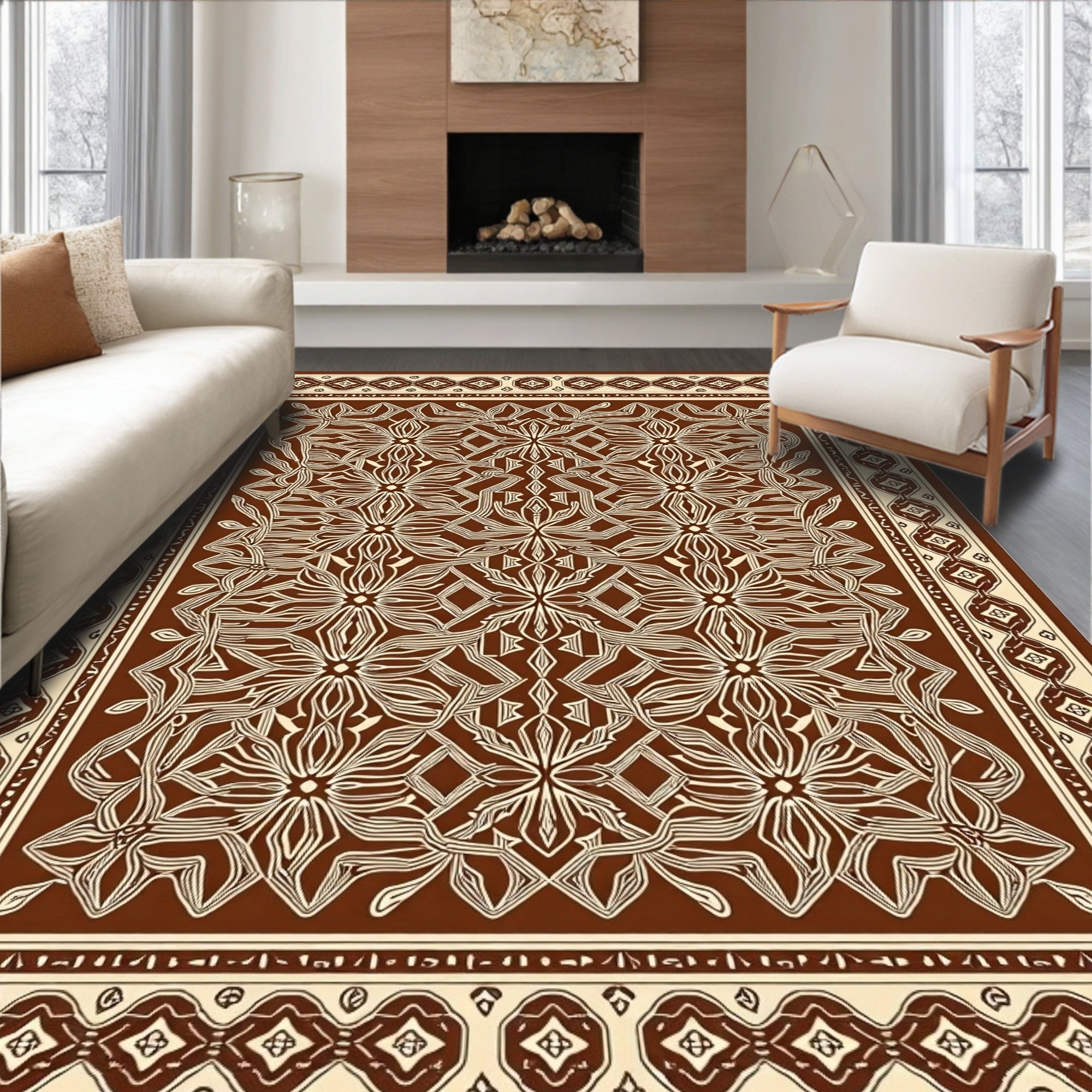 Brown Geometric Floral Intricate Pattern Rug