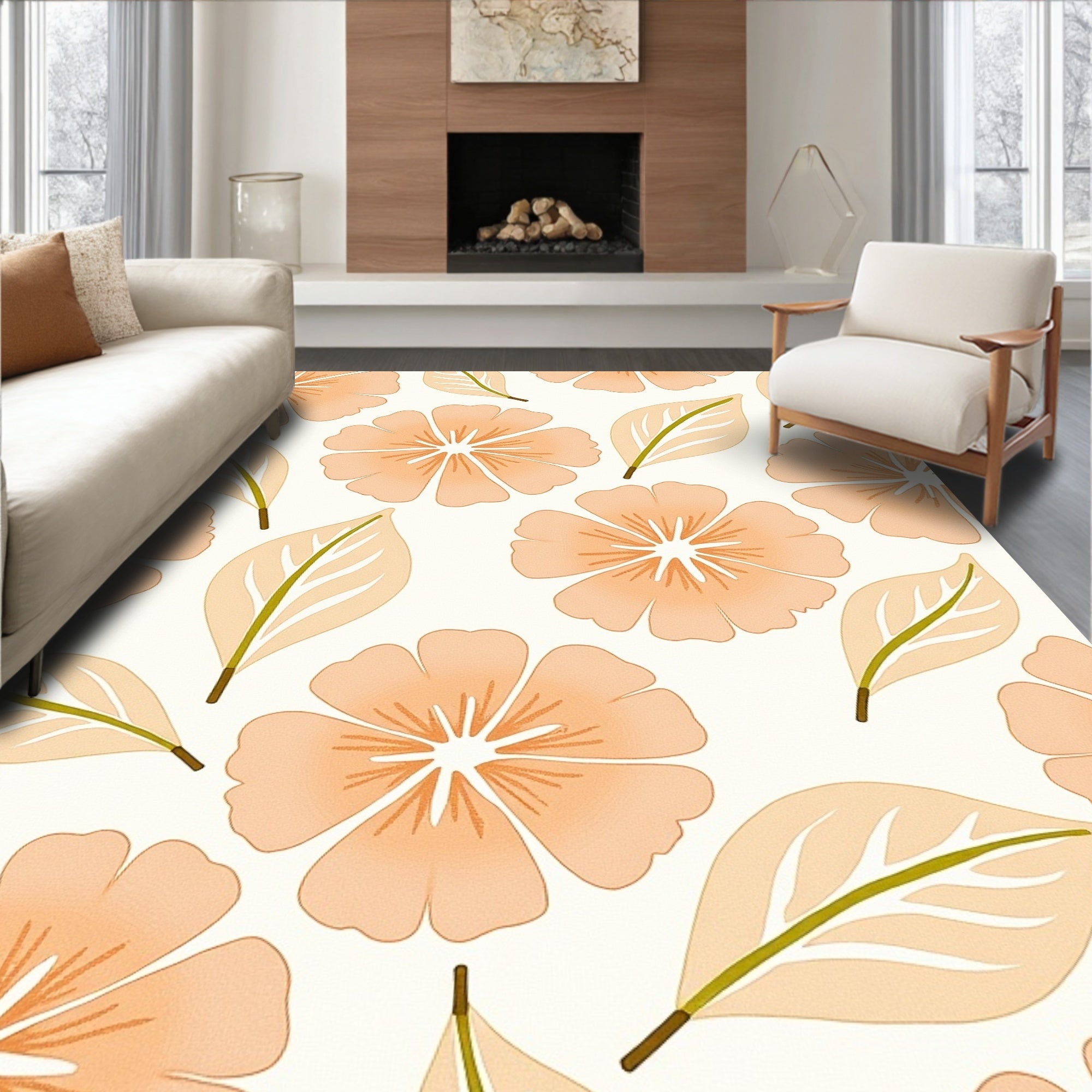 Blooming Peach Floral Pattern Rug