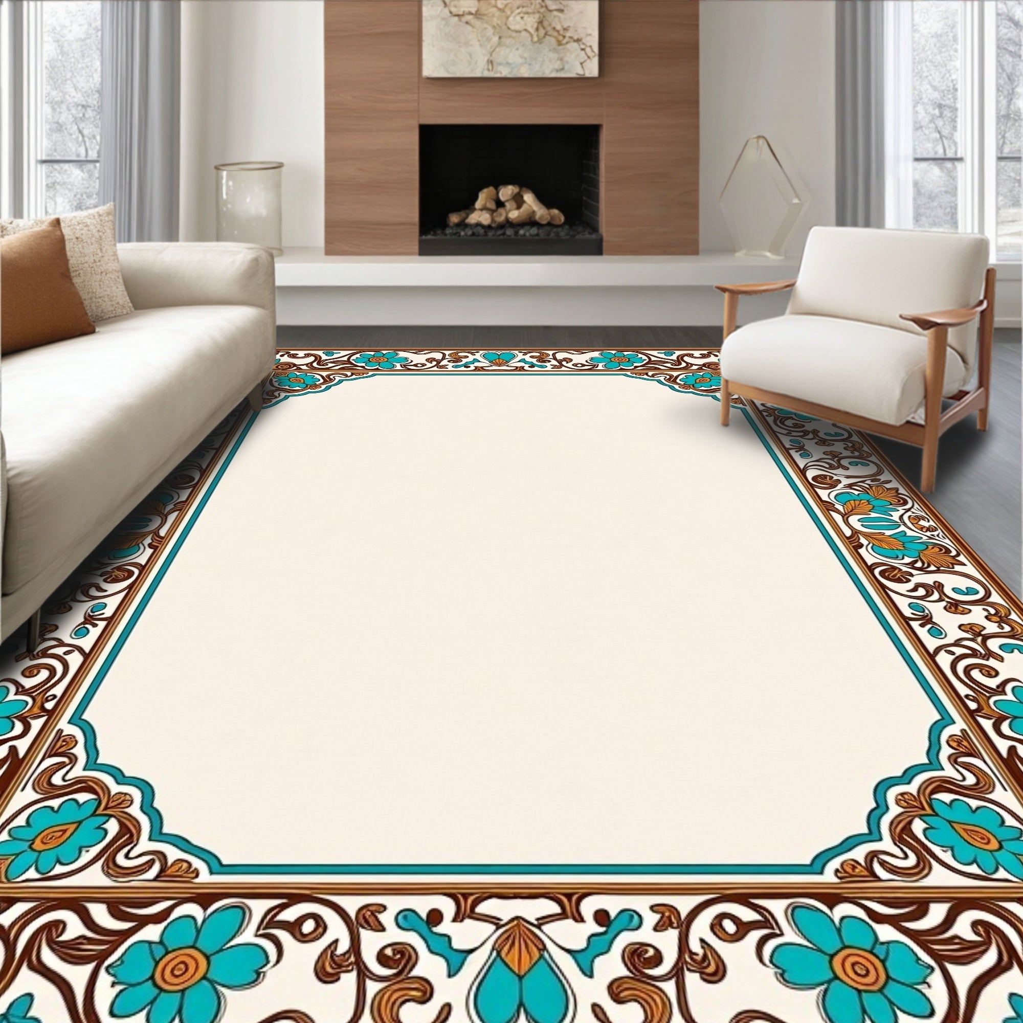 Turquoise Floral Scrollwork Border Design Rug